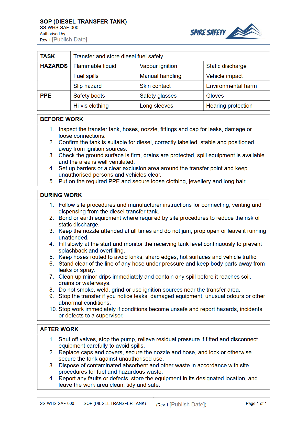 Free Safe Operating Procedure (Diesel Transfer Tank) Template — document preview