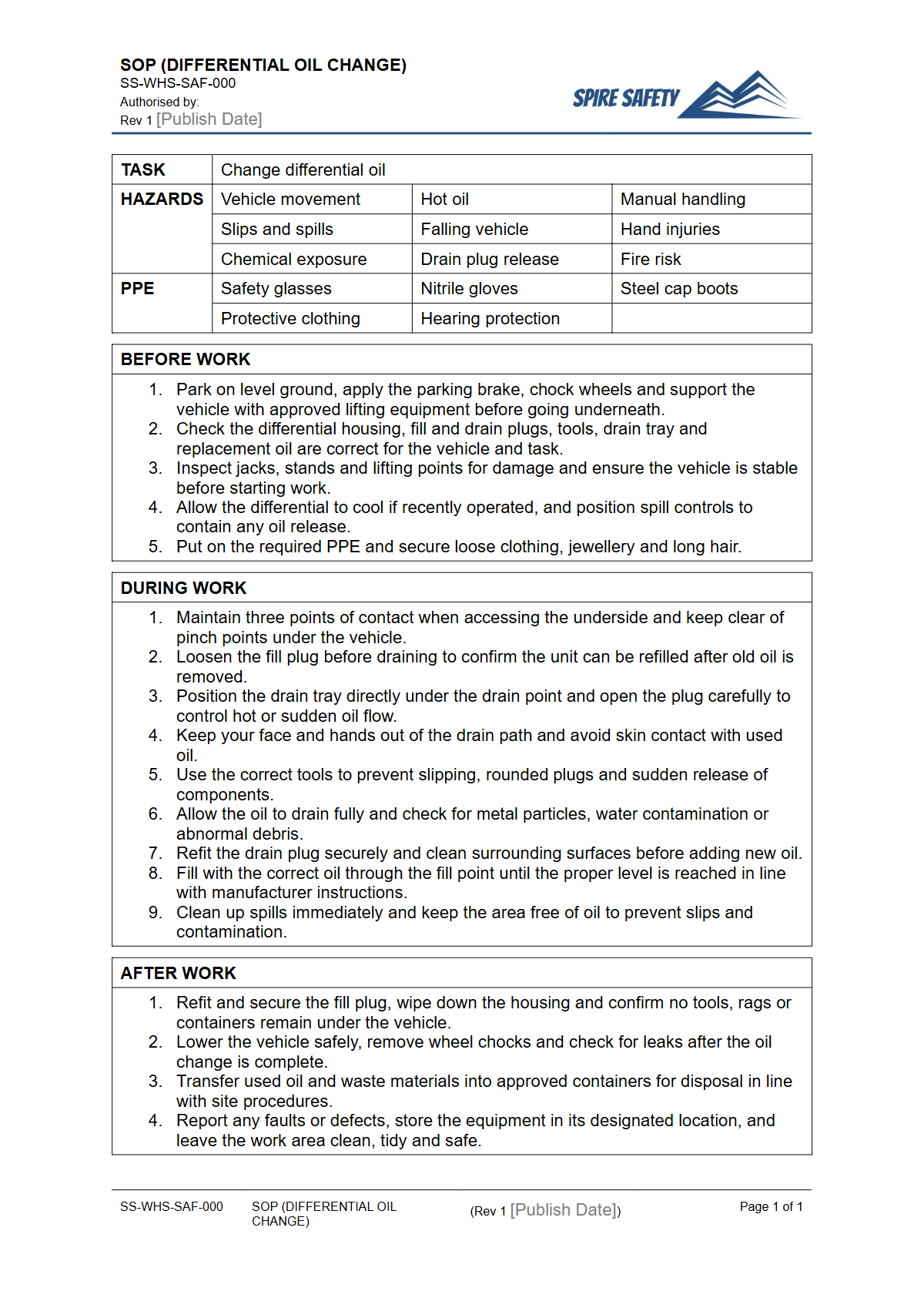 Free Safe Operating Procedure (Differential Oil Change) Template — document preview