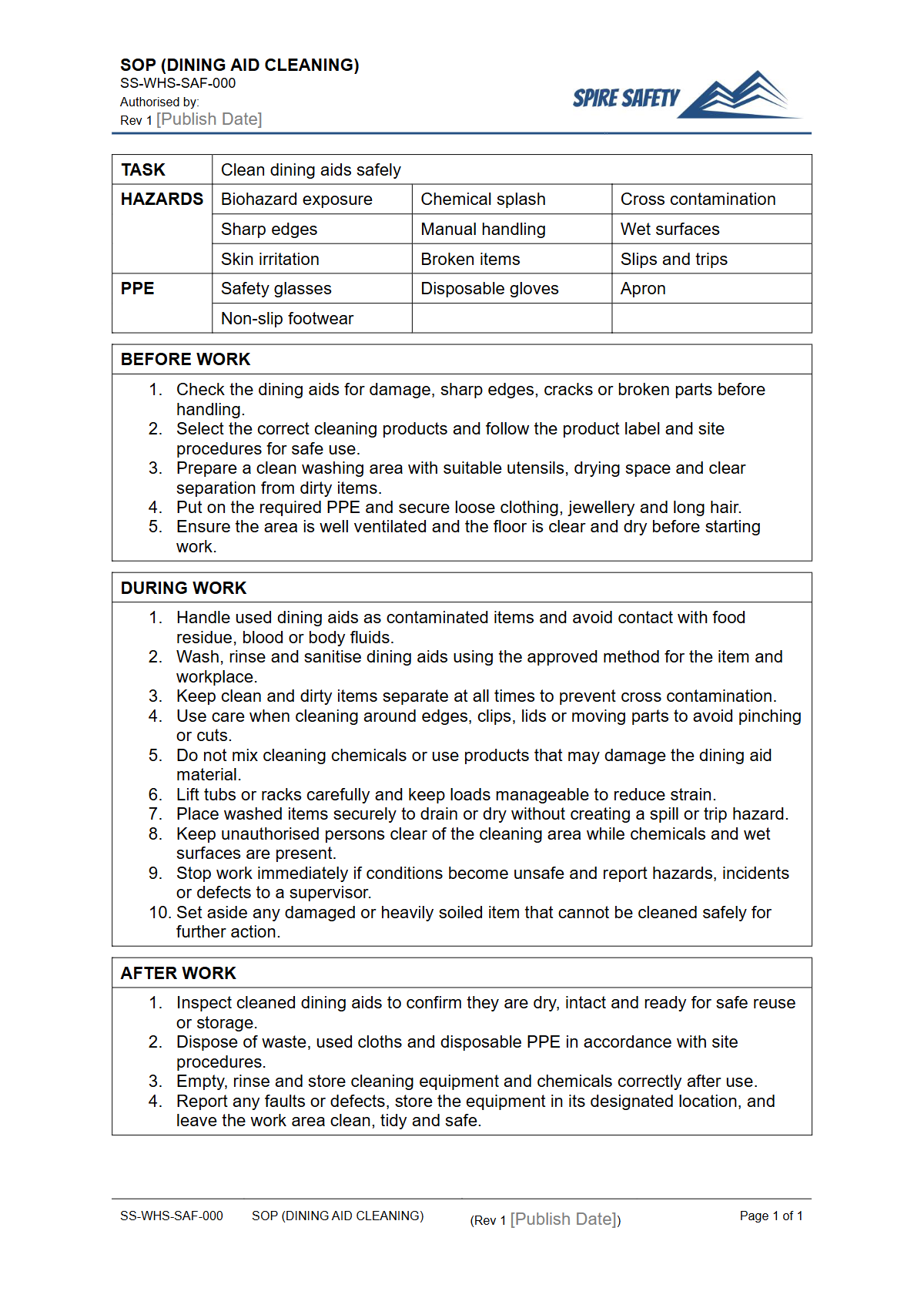 Free Safe Operating Procedure (Dining Aid Cleaning) Template — document preview