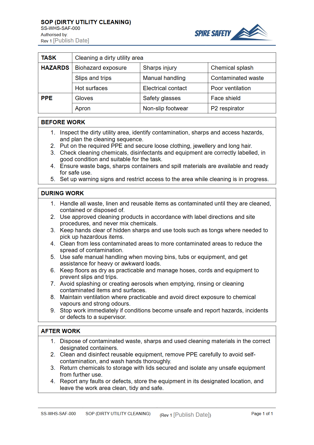 Free Safe Operating Procedure (Dirty Utility Cleaning) Template — document preview