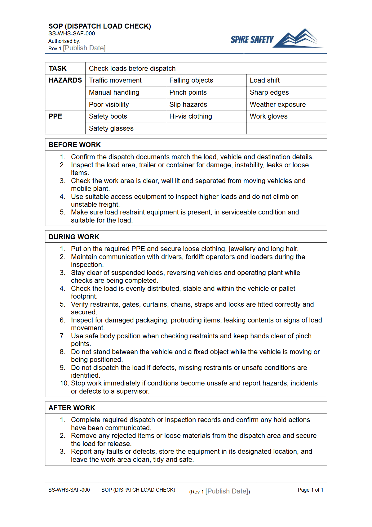 Free Safe Operating Procedure (Dispatch Load Check) Template — document preview
