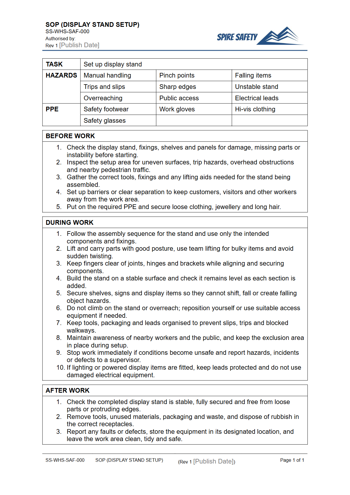 Free Safe Operating Procedure (Display Stand Setup) Template — document preview