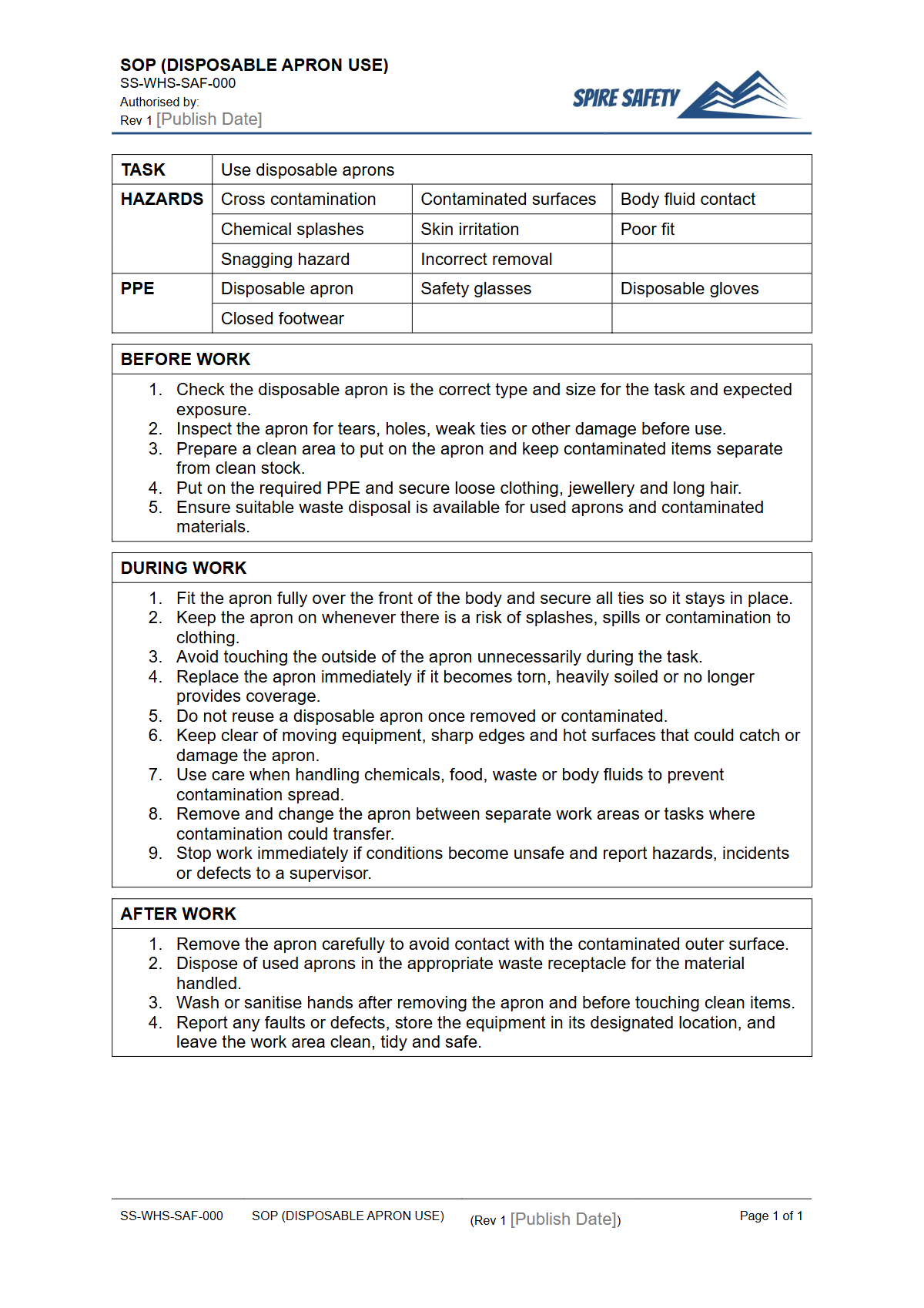 Free Safe Operating Procedure (Disposable Apron Use) Template — document preview
