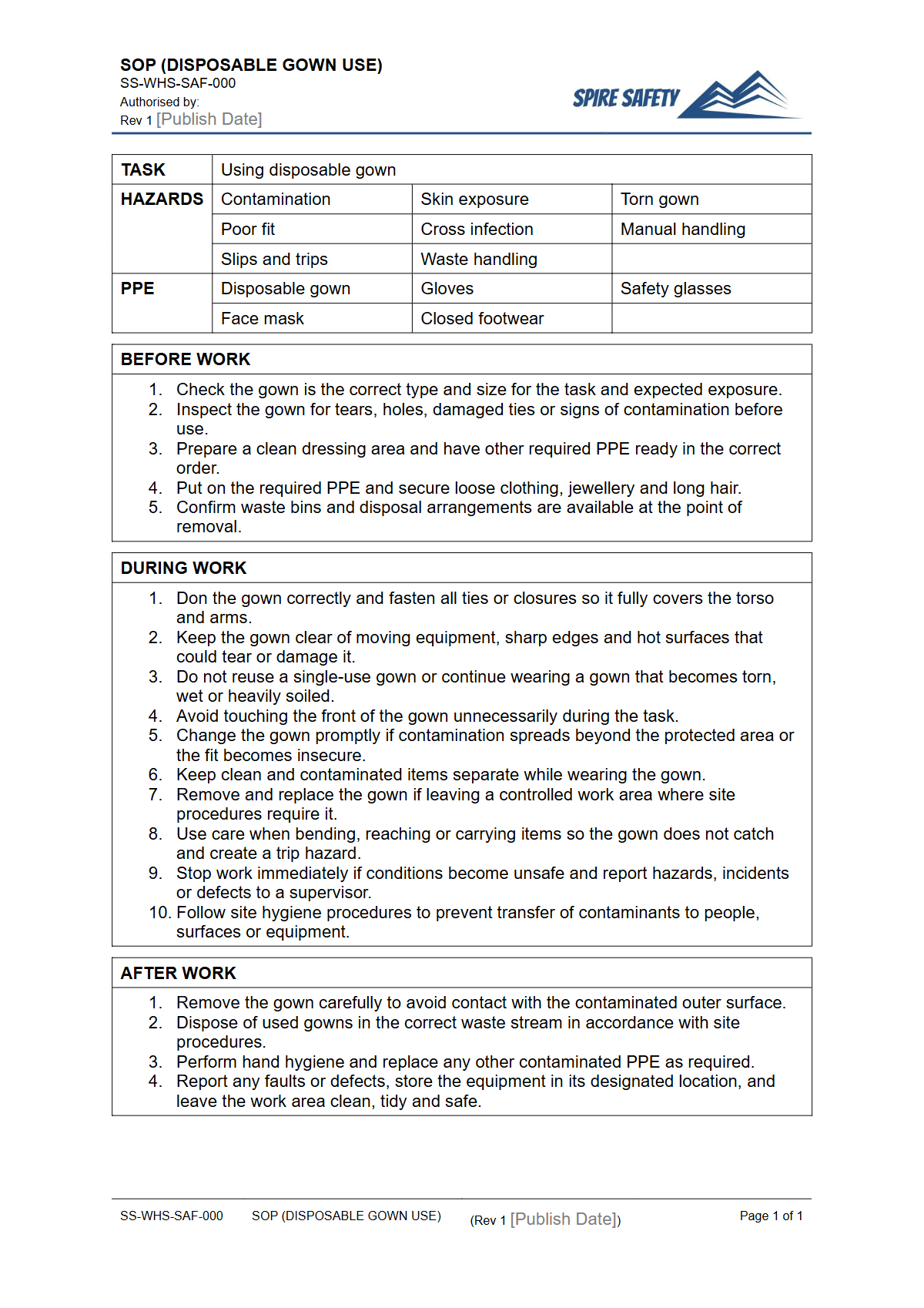 Free Safe Operating Procedure (Disposable Gown Use) Template — document preview