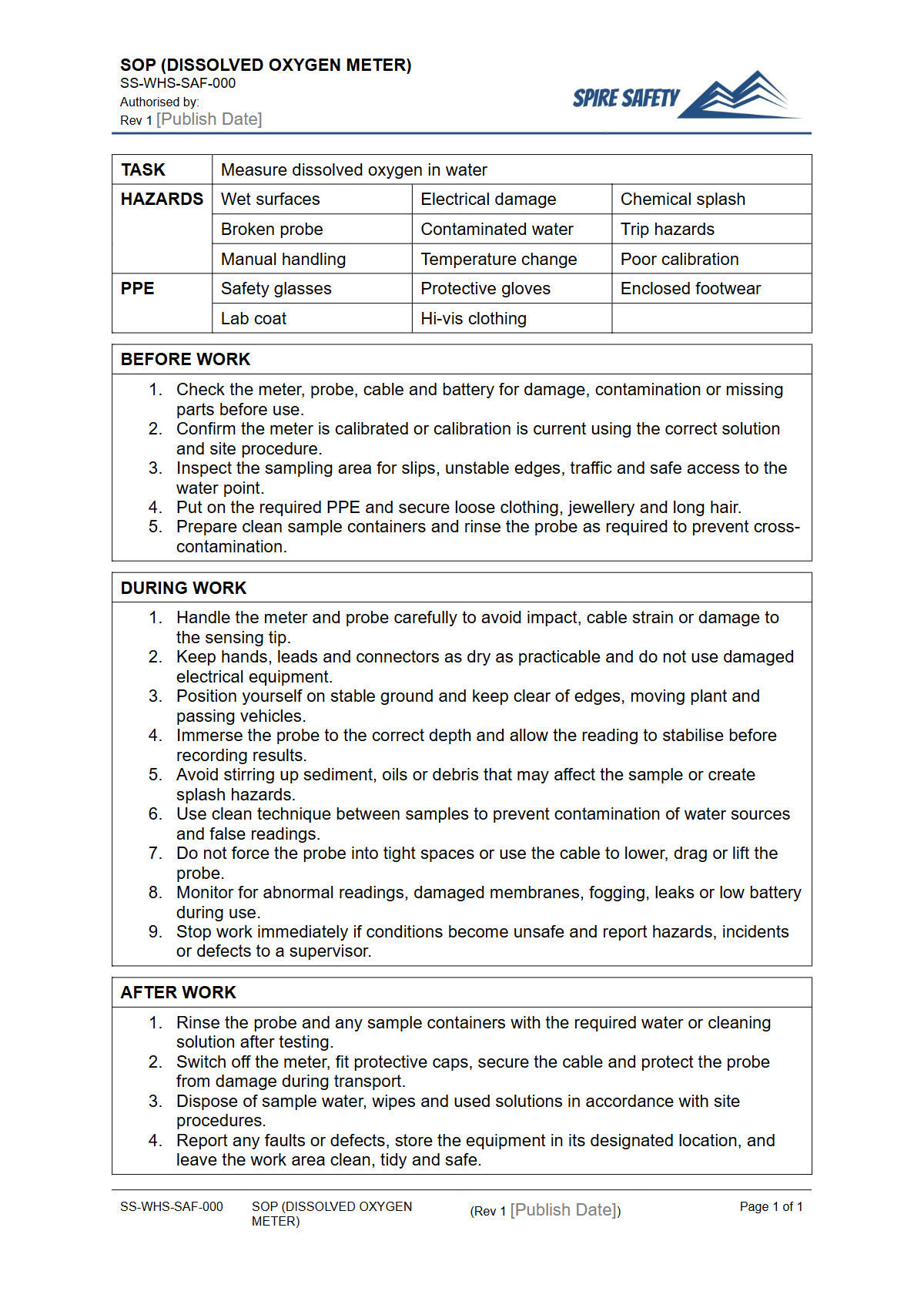 Free Safe Operating Procedure (Dissolved Oxygen Meter) Template — document preview