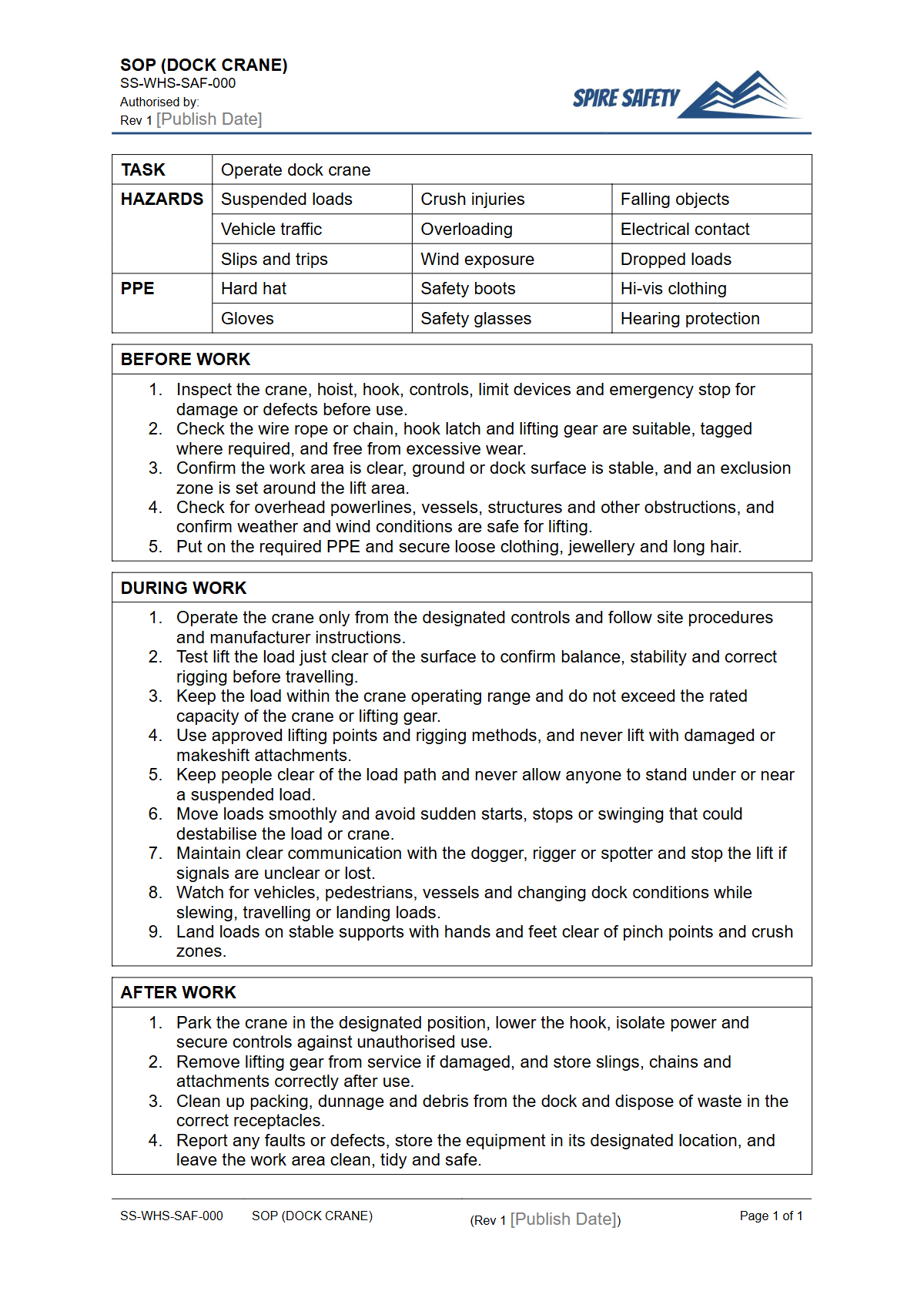 Free Safe Operating Procedure (Dock Crane) Template — document preview