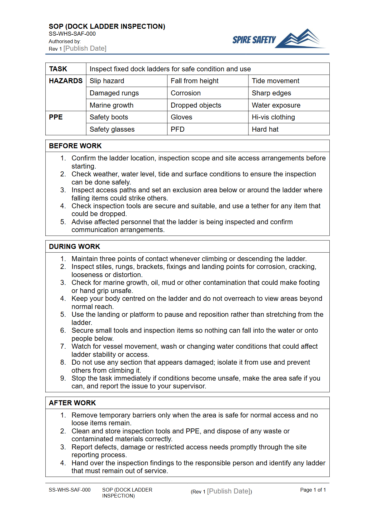 Free Safe Operating Procedure (Dock Ladder Inspection) Template — document preview