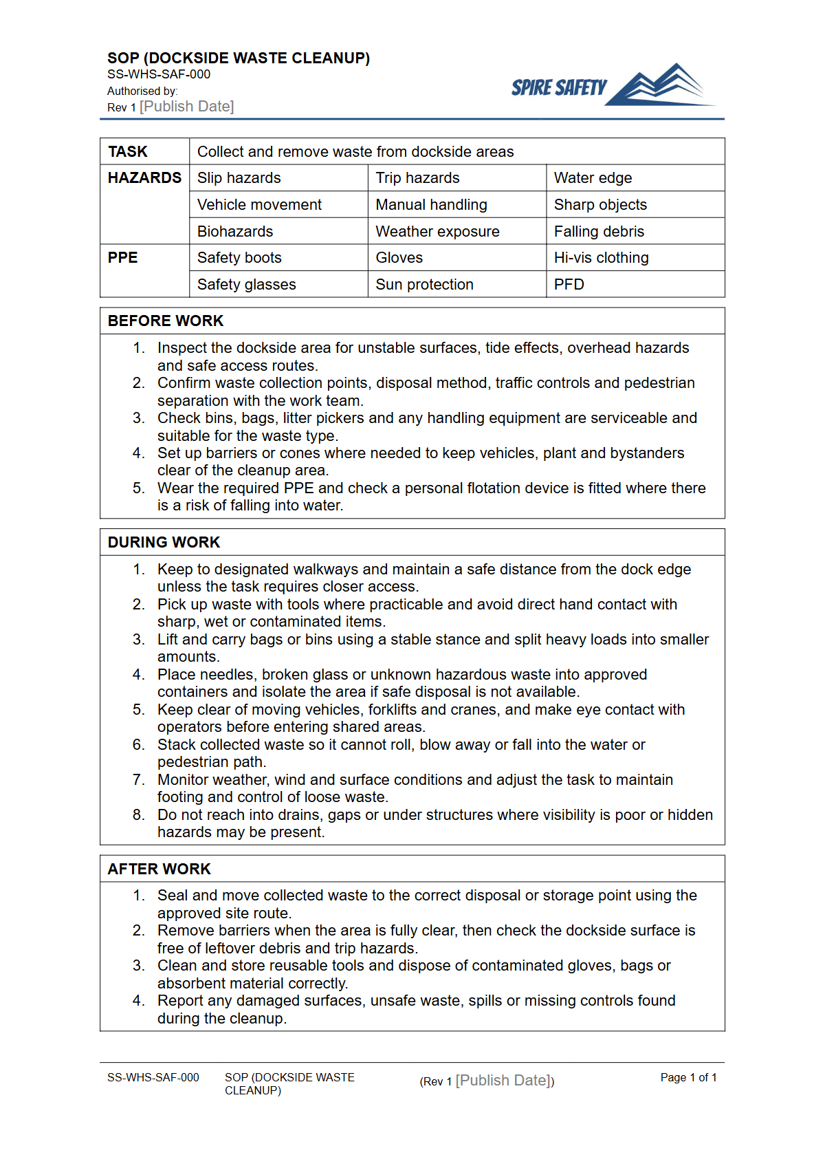 Free Safe Operating Procedure (Dockside Waste Cleanup) Template — document preview