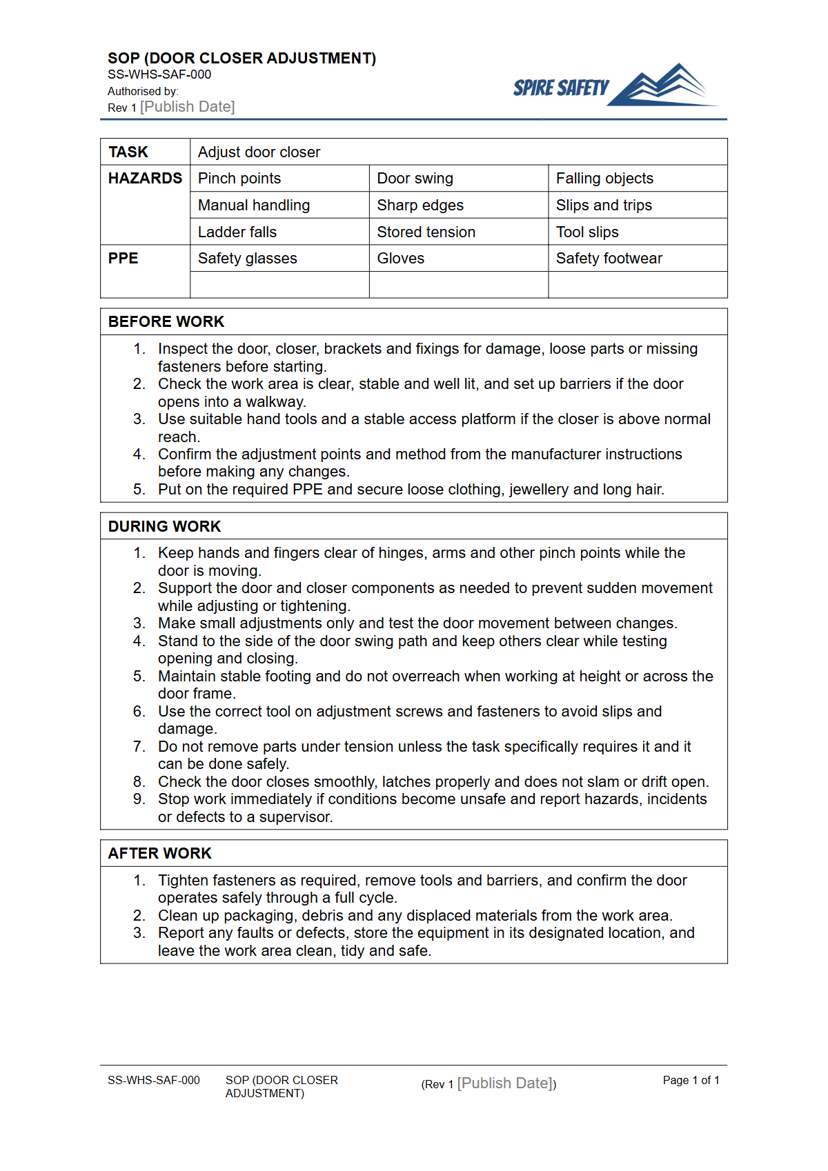 Free Safe Operating Procedure (Door Closer Adjustment) Template — document preview