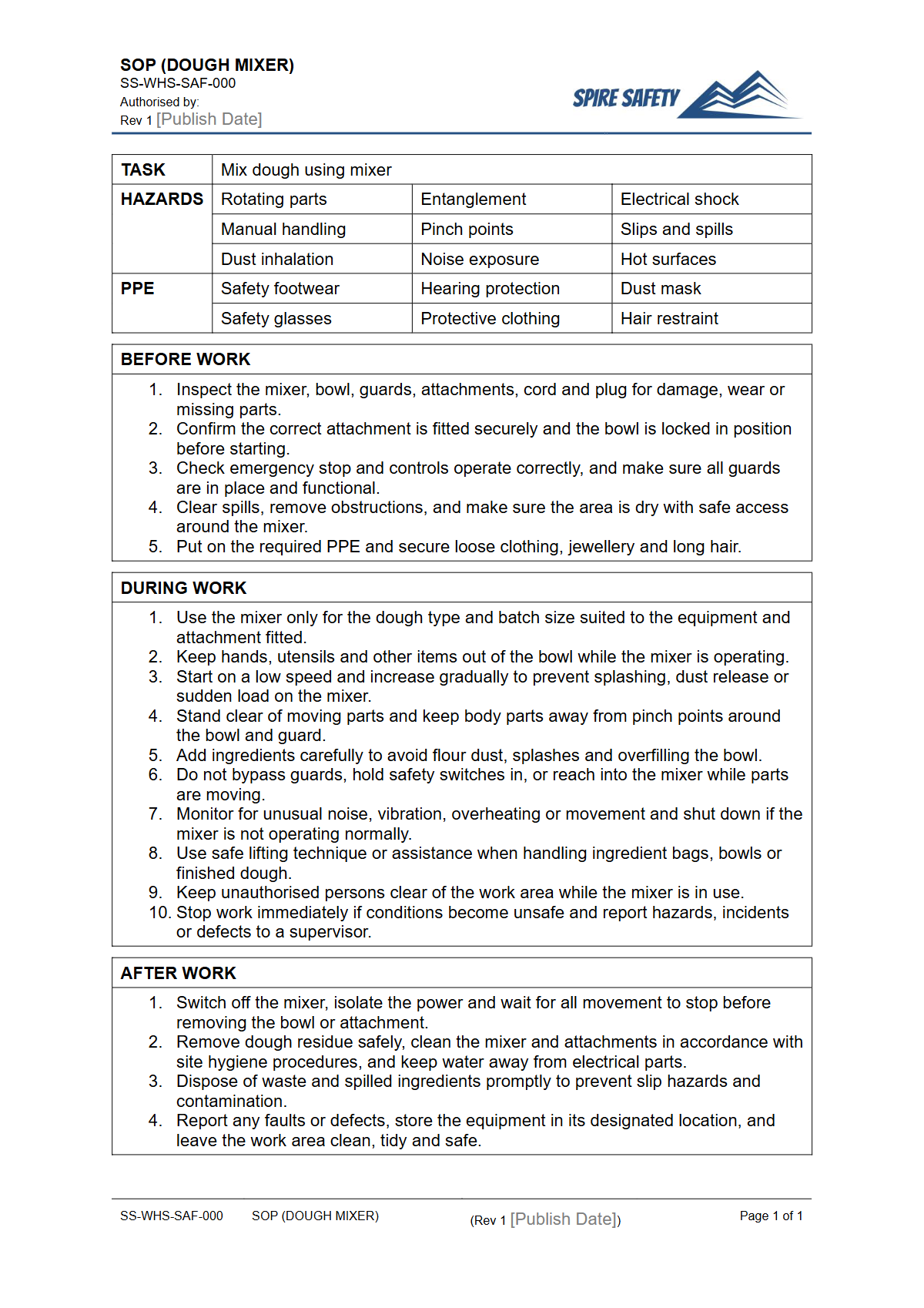 Free Safe Operating Procedure (Dough Mixer) Template — document preview