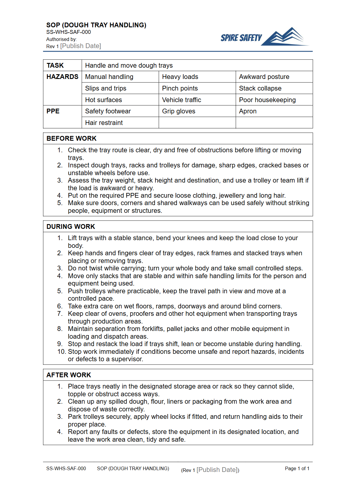 Free Safe Operating Procedure (Dough Tray Handling) Template — document preview