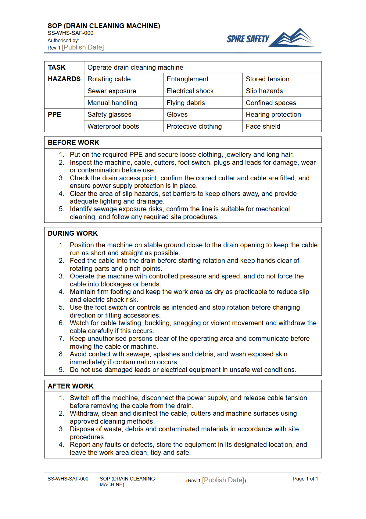 Free Safe Operating Procedure (Drain Cleaning Machine) Template — document preview