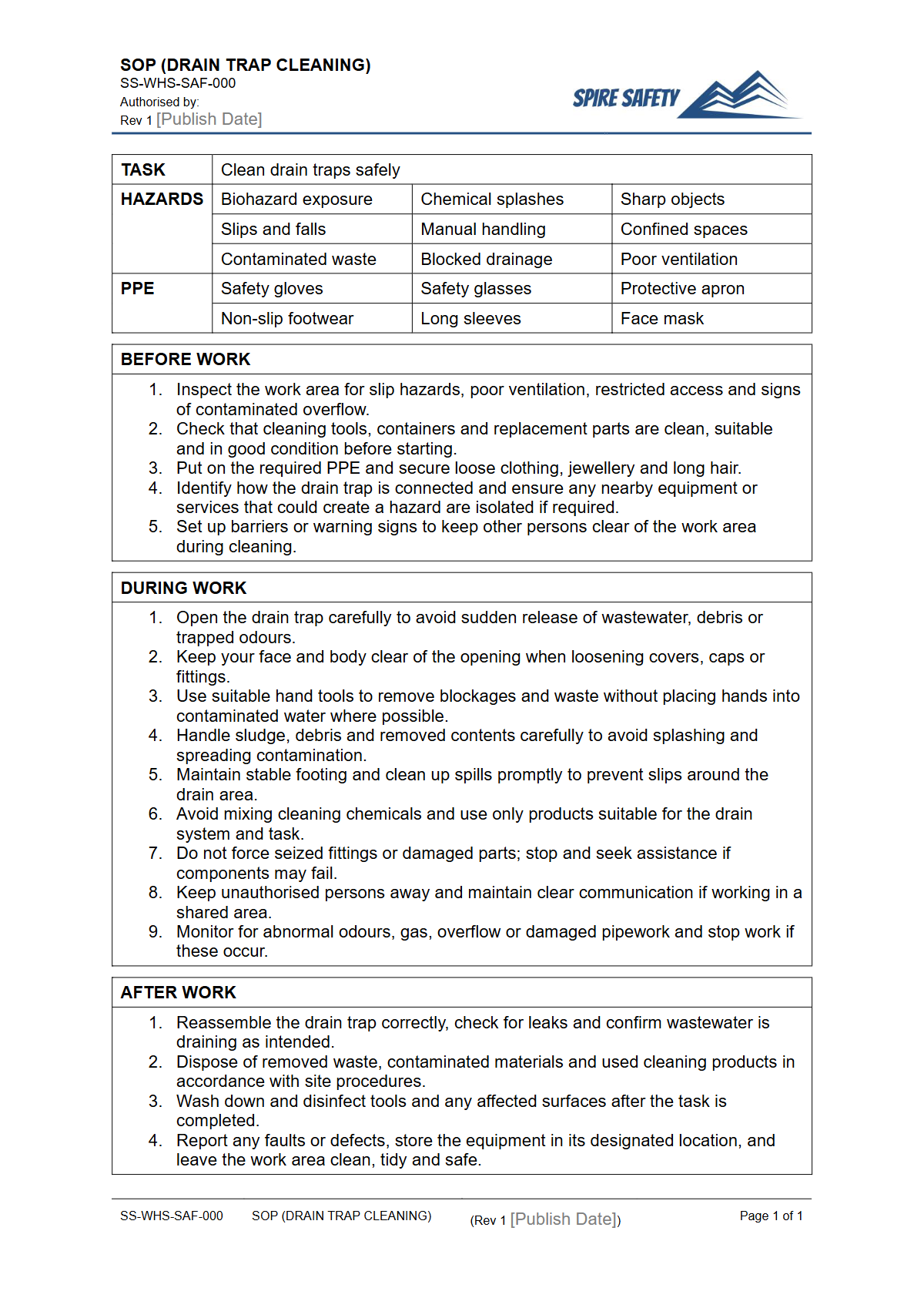 Free Safe Operating Procedure (Drain Trap Cleaning) Template — document preview