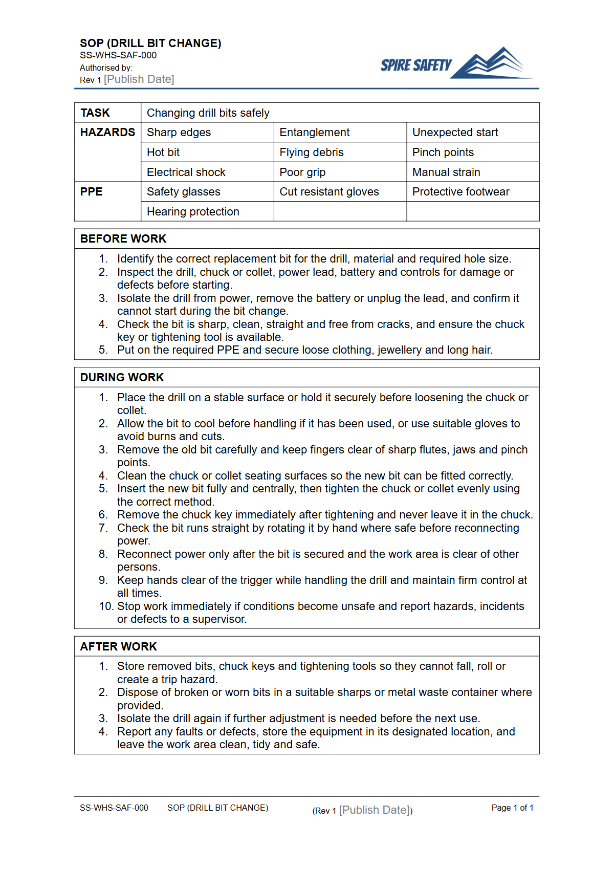 Free Safe Operating Procedure (Drill Bit Change) Template — document preview