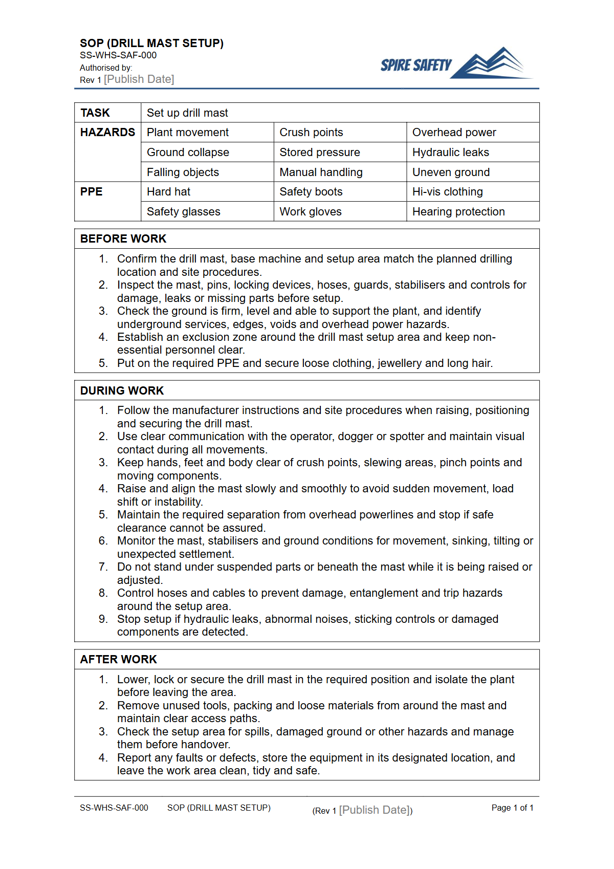 Free Safe Operating Procedure (Drill Mast Setup) Template — document preview