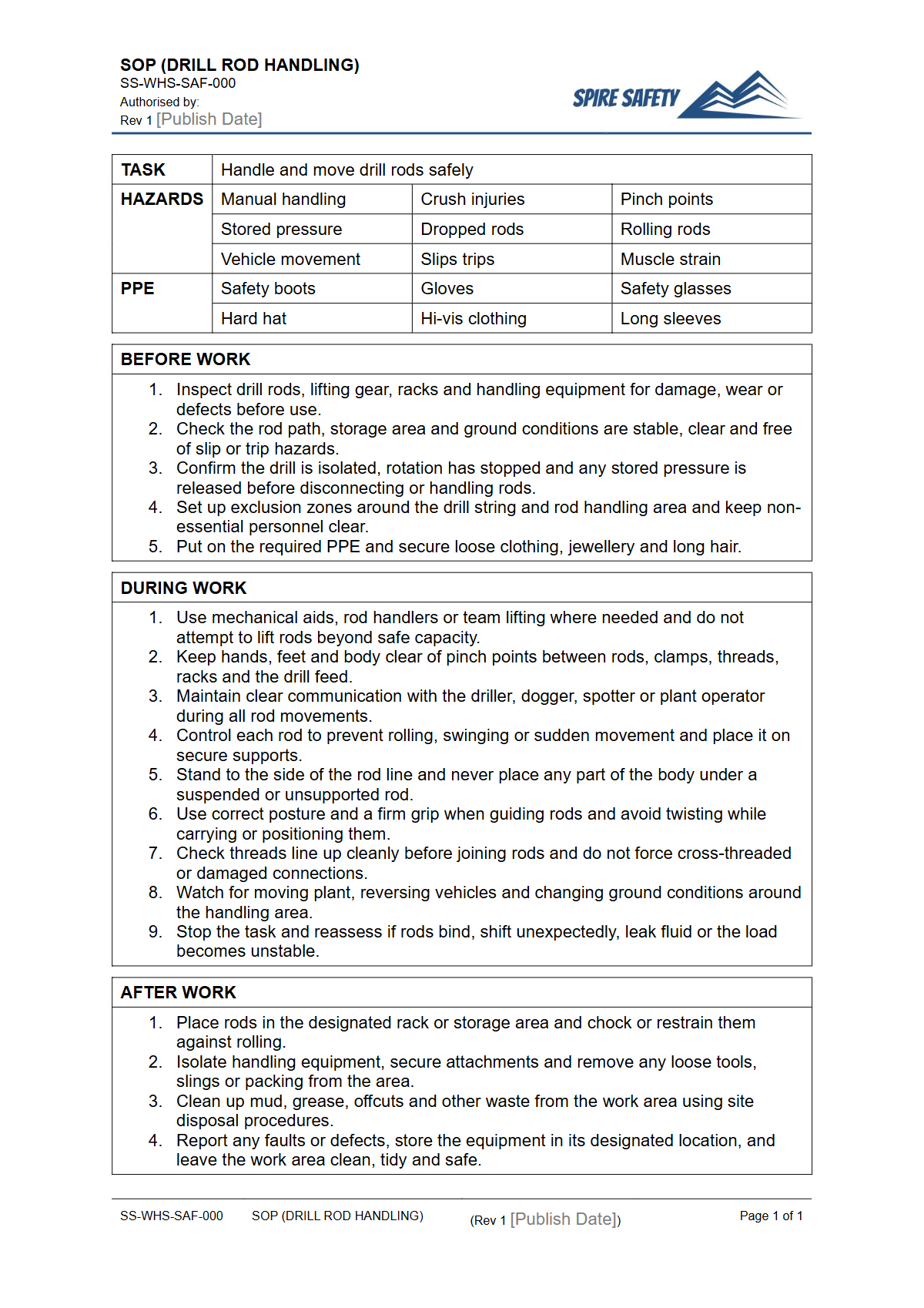 Free Safe Operating Procedure (Drill Rod Handling) Template — document preview