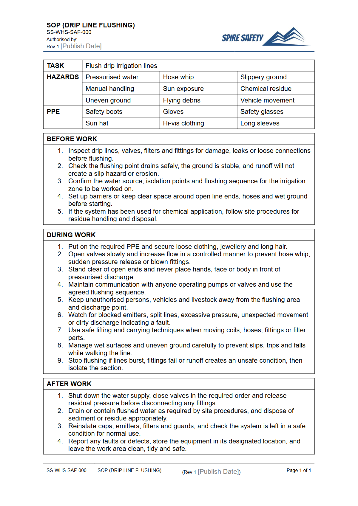 Free Safe Operating Procedure (Drip Line Flushing) Template — document preview