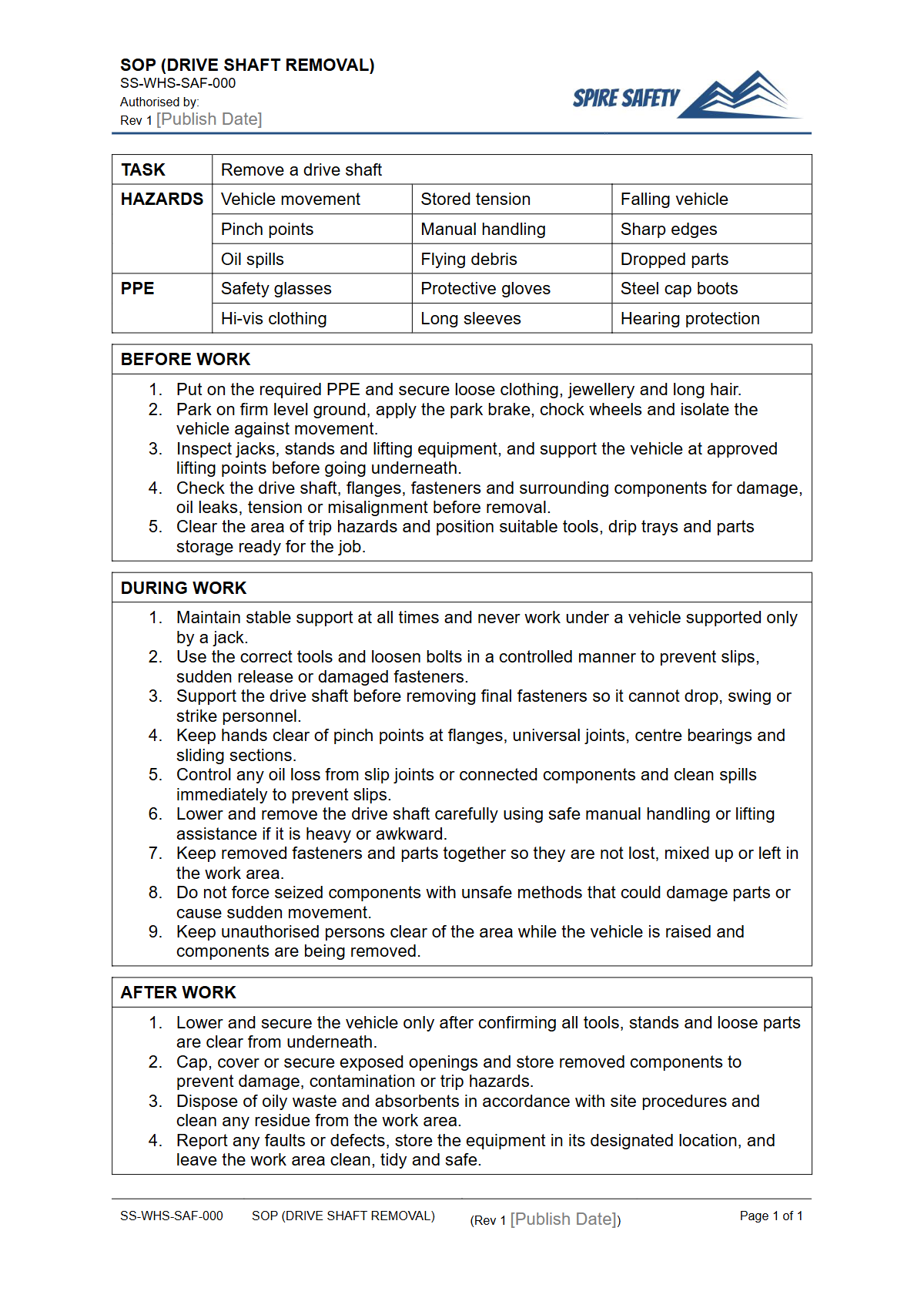 Free Safe Operating Procedure (Drive Shaft Removal) Template — document preview