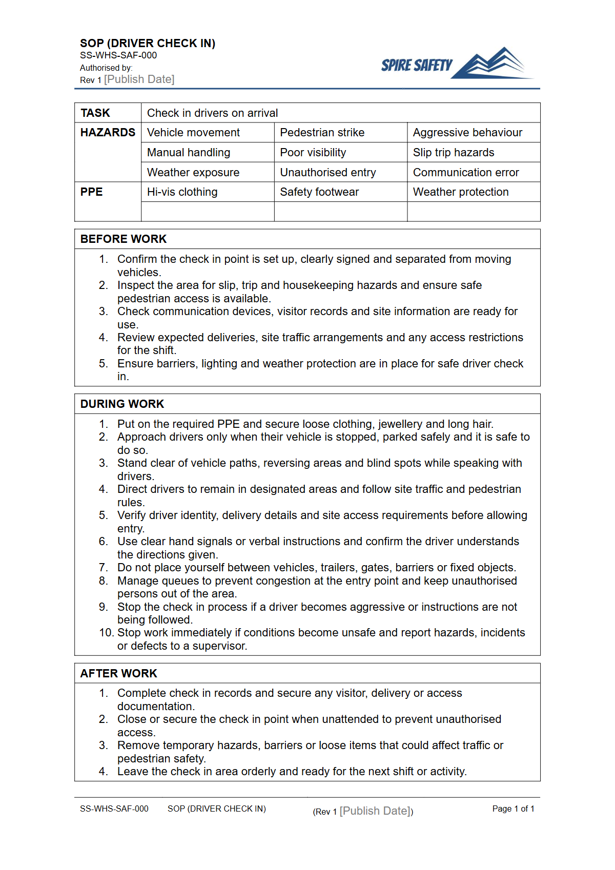 Free Safe Operating Procedure (Driver Check In) Template — document preview