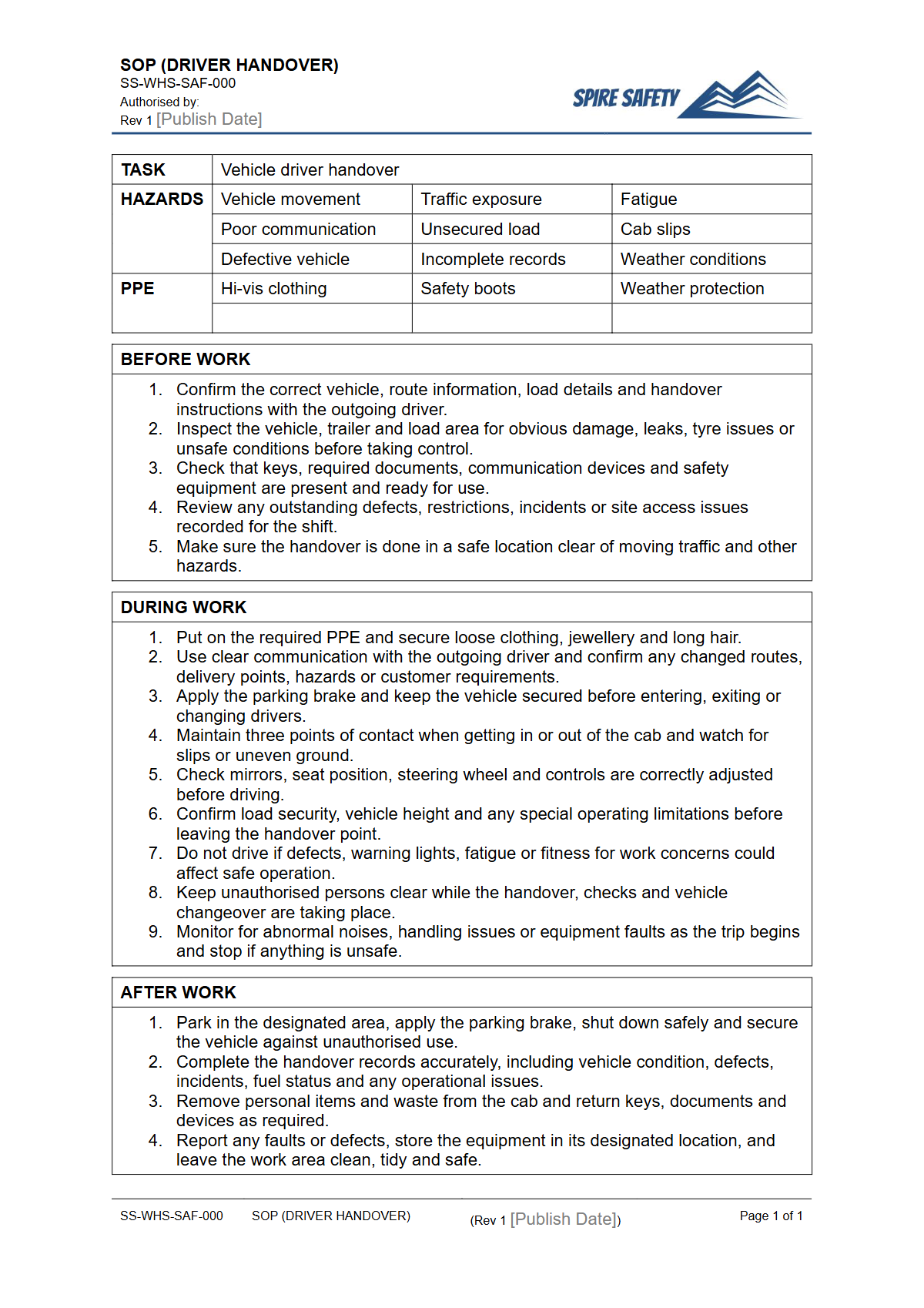 Free Safe Operating Procedure (Driver Handover) Template — document preview