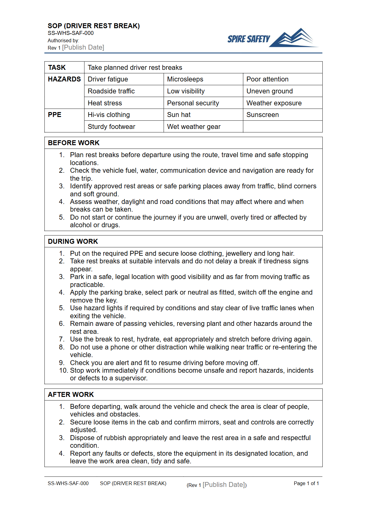 Free Safe Operating Procedure (Driver Rest Break) Template — document preview