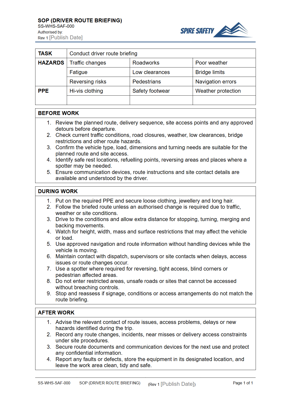 Free Safe Operating Procedure (Driver Route Briefing) Template — document preview