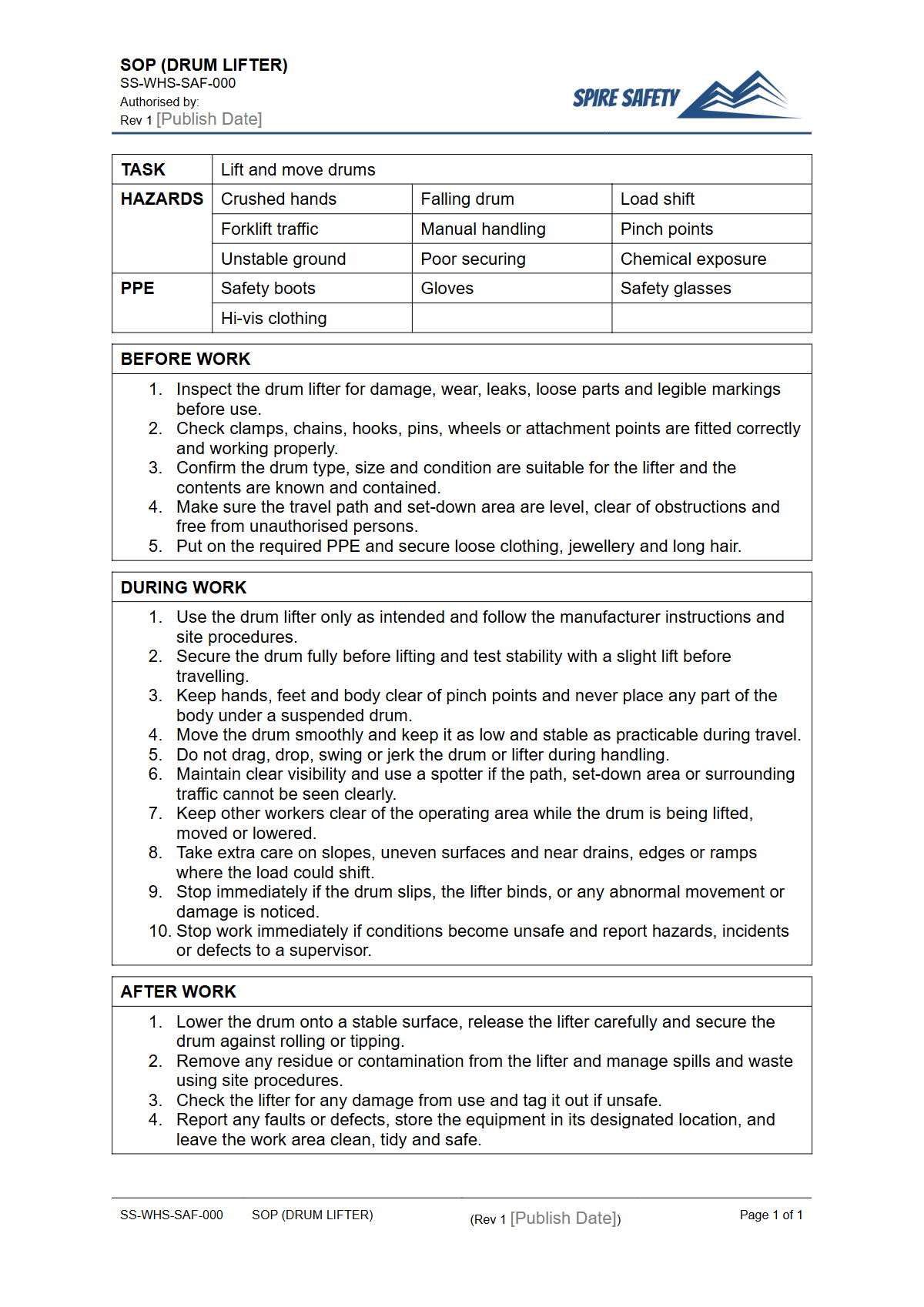 Free Safe Operating Procedure (Drum Lifter) Template — document preview