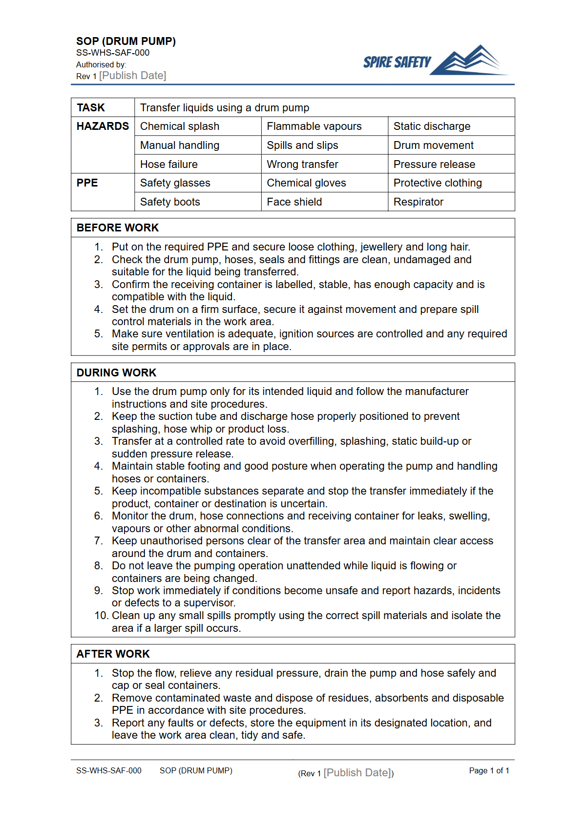 Free Safe Operating Procedure (Drum Pump) Template — document preview