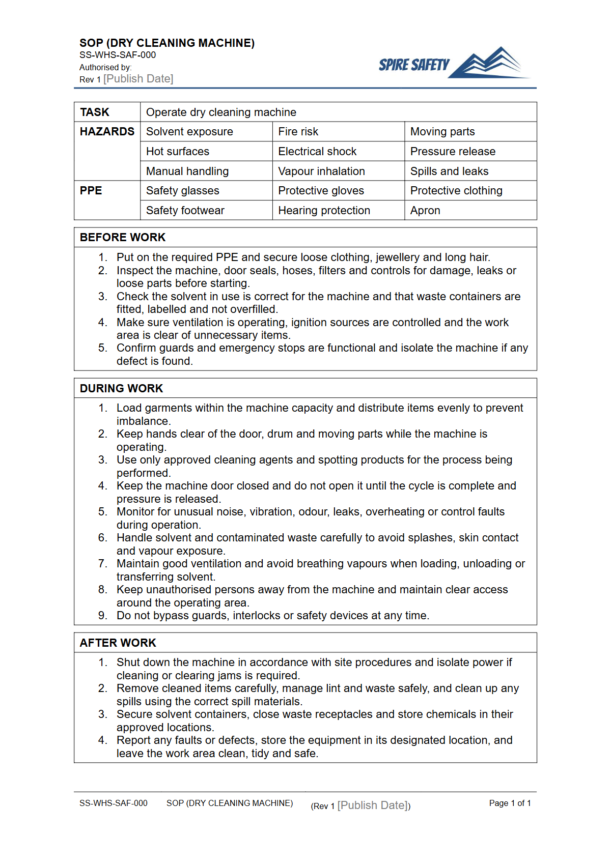 Free Safe Operating Procedure (Dry Cleaning Machine) Template — document preview