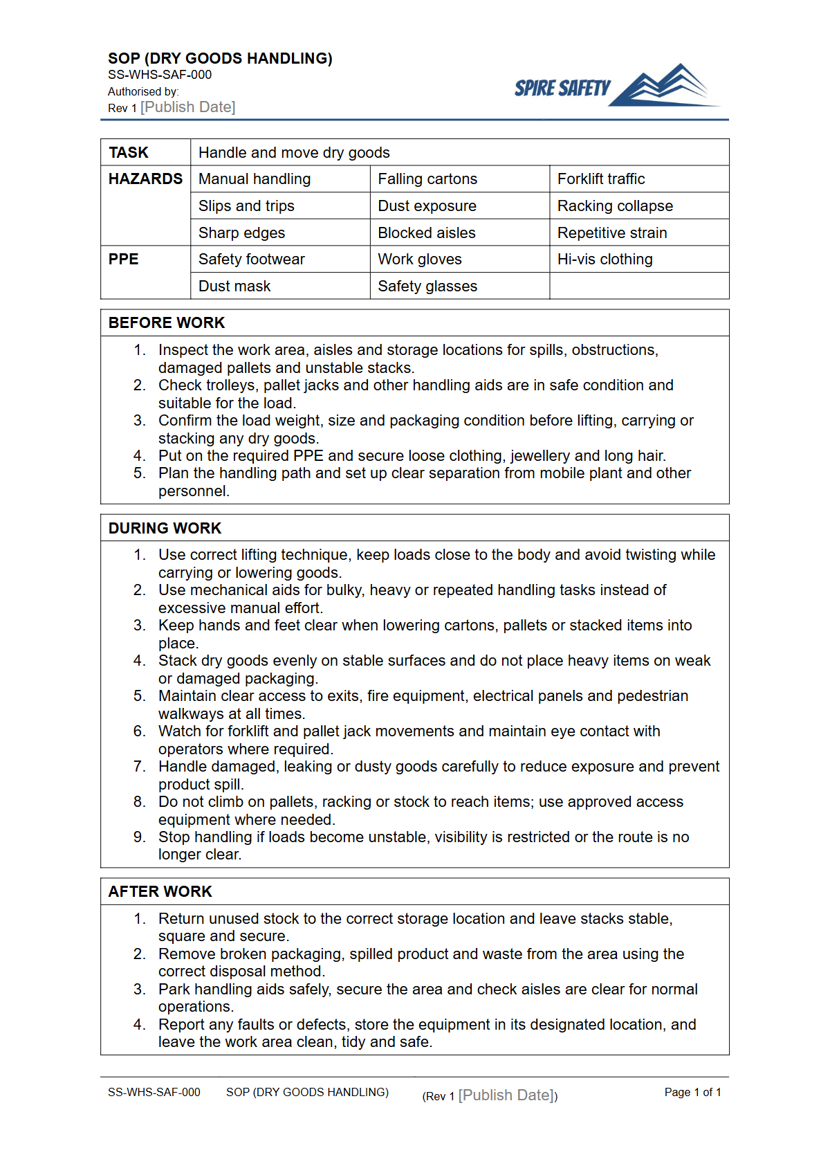 Free Safe Operating Procedure (Dry Goods Handling) Template — document preview