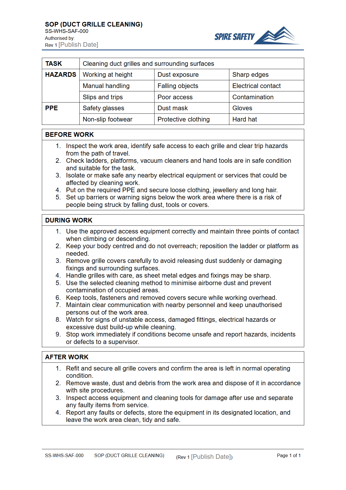 Free Safe Operating Procedure (Duct Grille Cleaning) Template — document preview