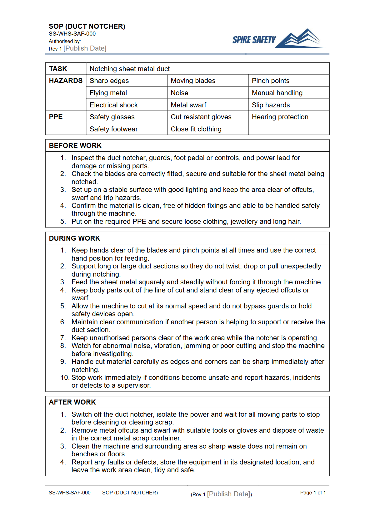 Free Safe Operating Procedure (Duct Notcher) Template — document preview