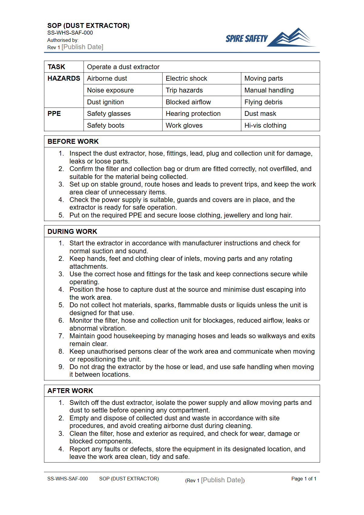 Free Safe Operating Procedure (Dust Extractor) Template — document preview