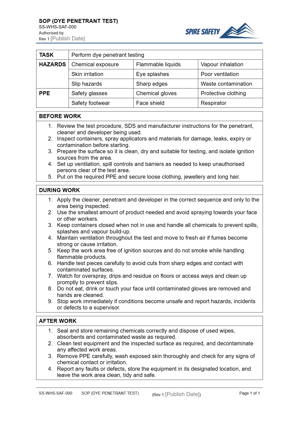Free Safe Operating Procedure (Dye Penetrant Test) Template — document preview