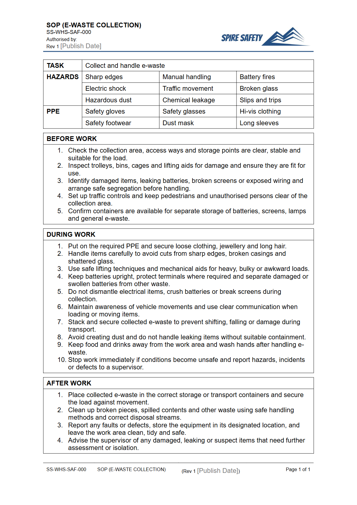 Free Safe Operating Procedure (E-Waste Collection) Template — document preview