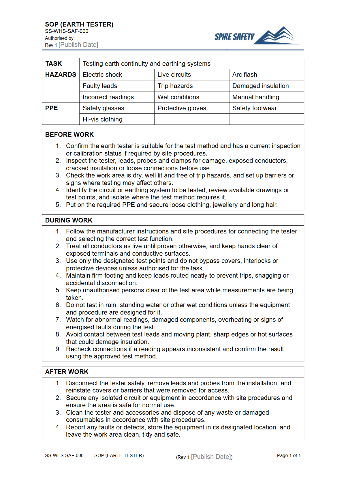 Free Safe Operating Procedure (Earth Tester) Template — document preview