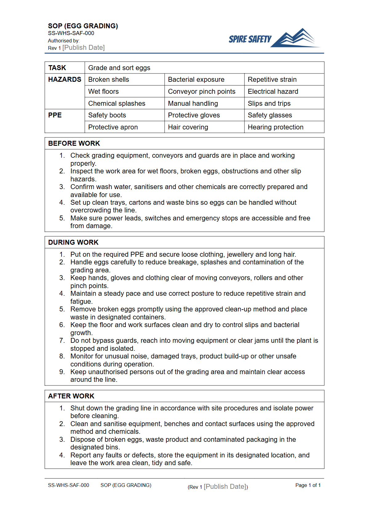 Free Safe Operating Procedure (Egg Grading) Template — document preview