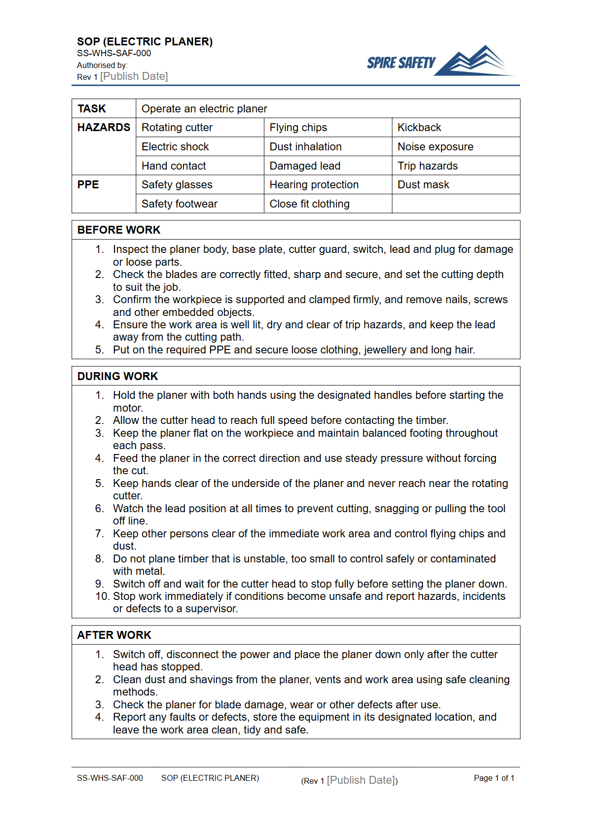 Free Safe Operating Procedure (Electric Planer) Template — document preview