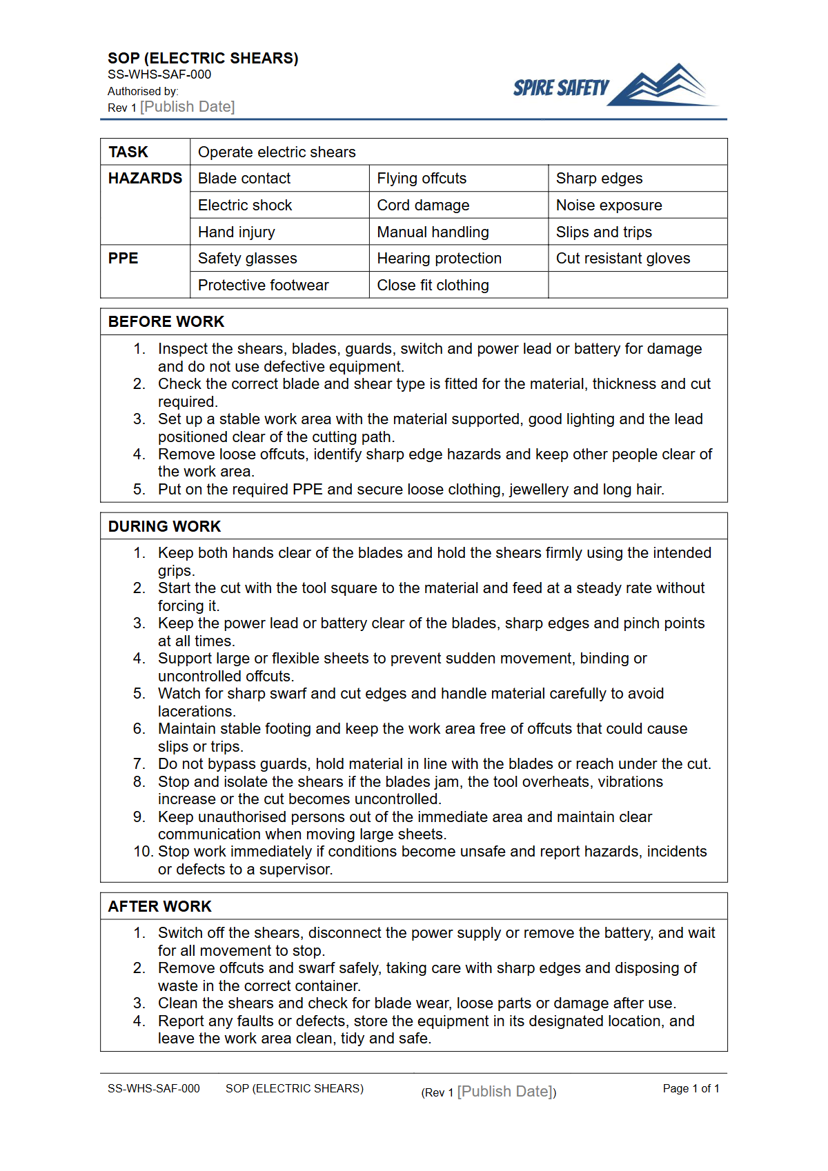 Free Safe Operating Procedure (Electric Shears) Template — document preview