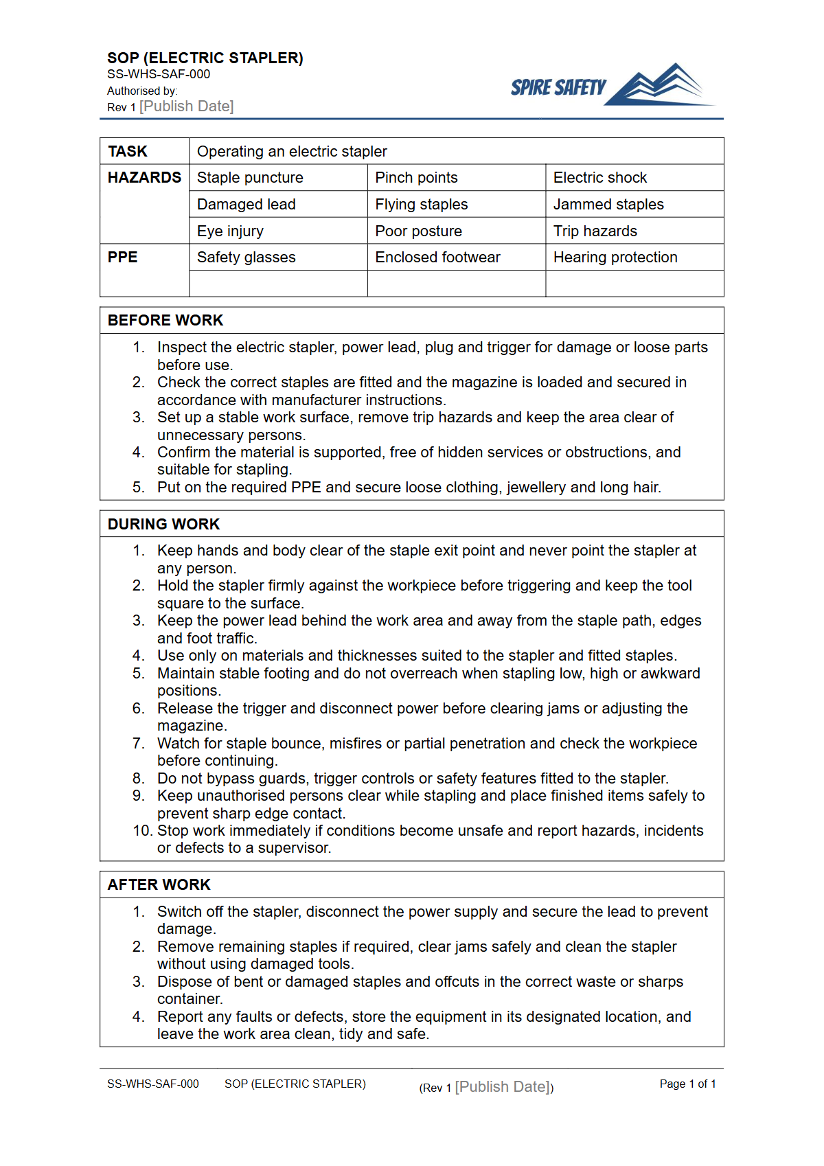 Free Safe Operating Procedure (Electric Stapler) Template — document preview