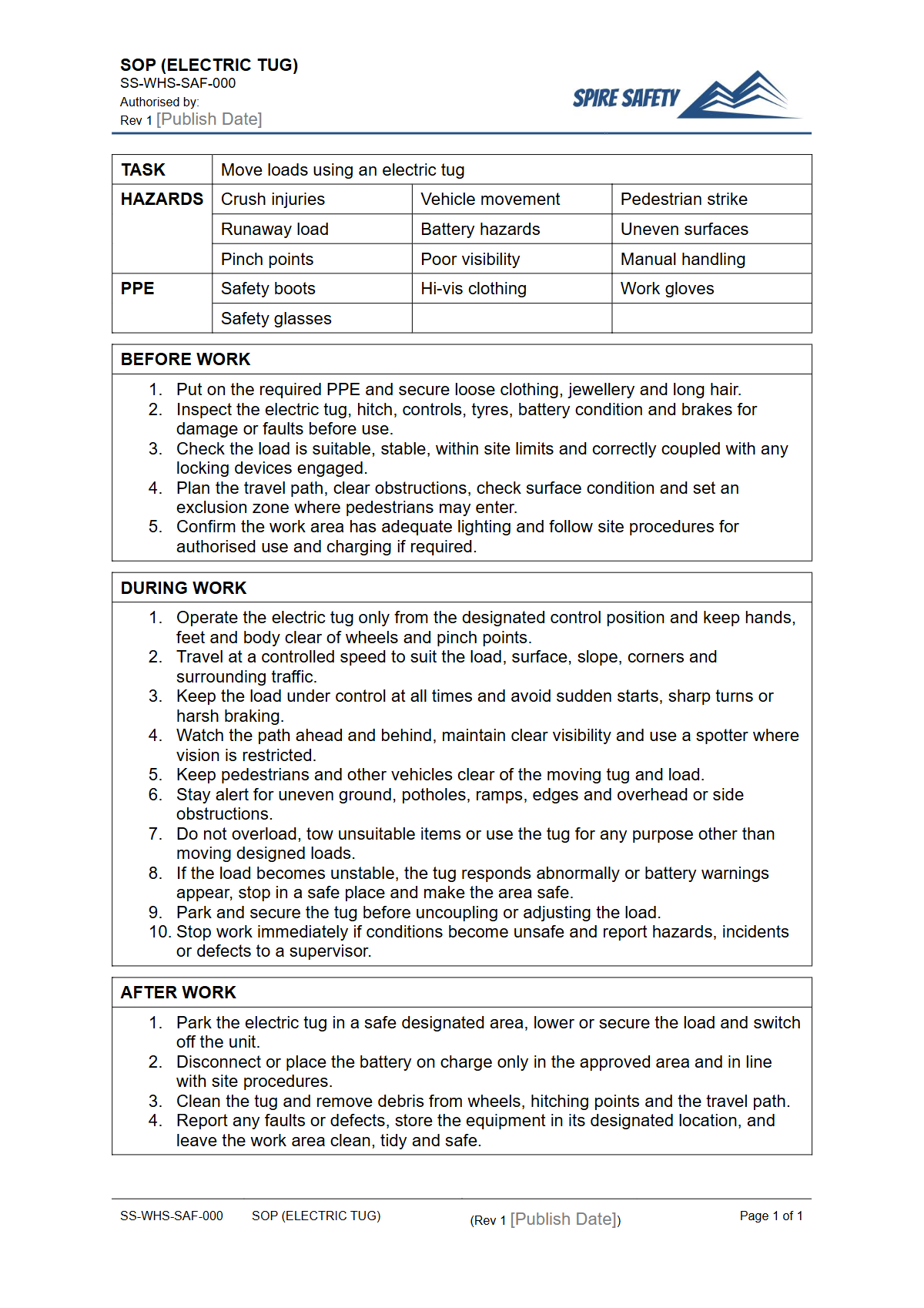 Free Safe Operating Procedure (Electric Tug) Template — document preview
