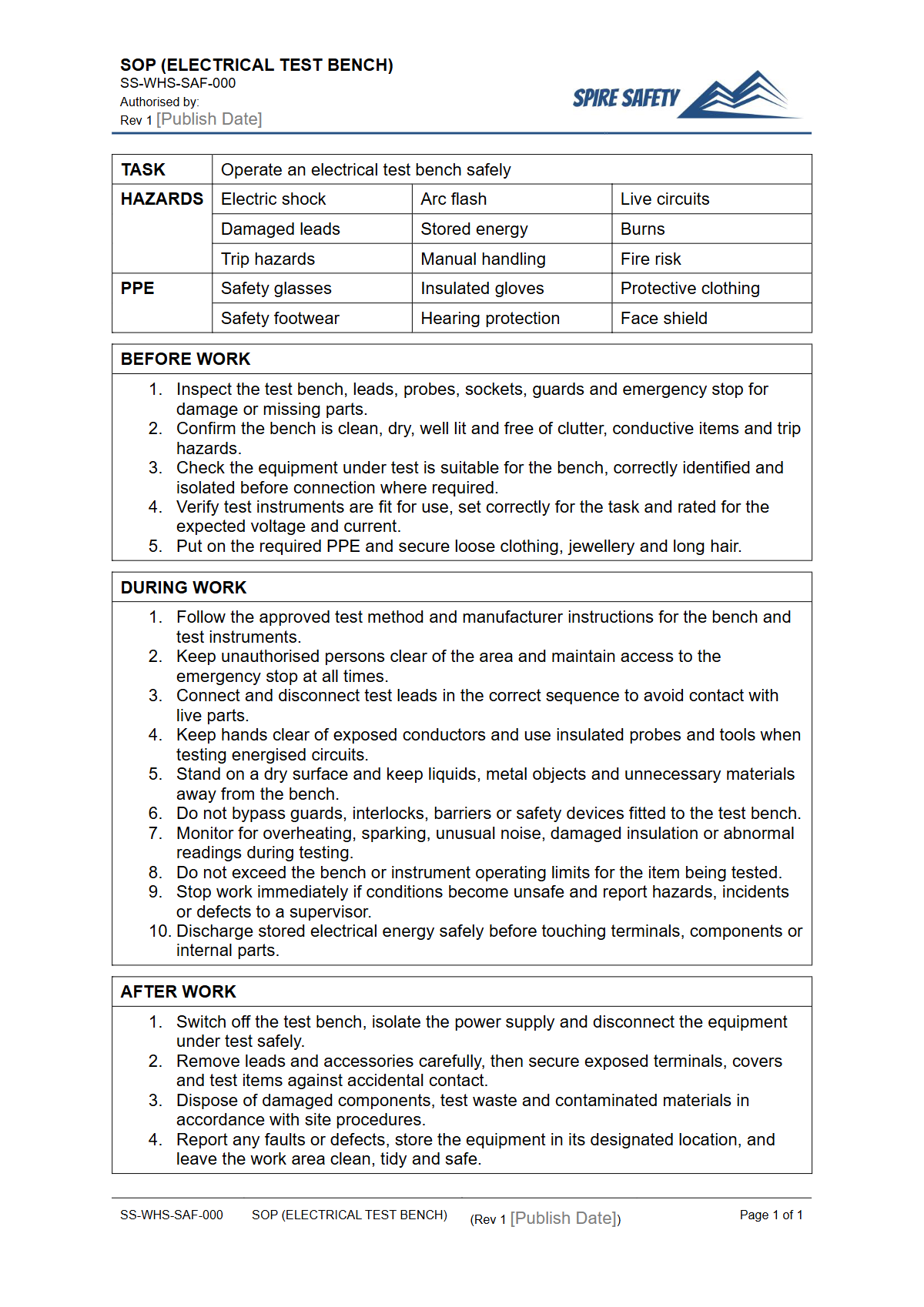 Free Safe Operating Procedure (Electrical Test Bench) Template — document preview