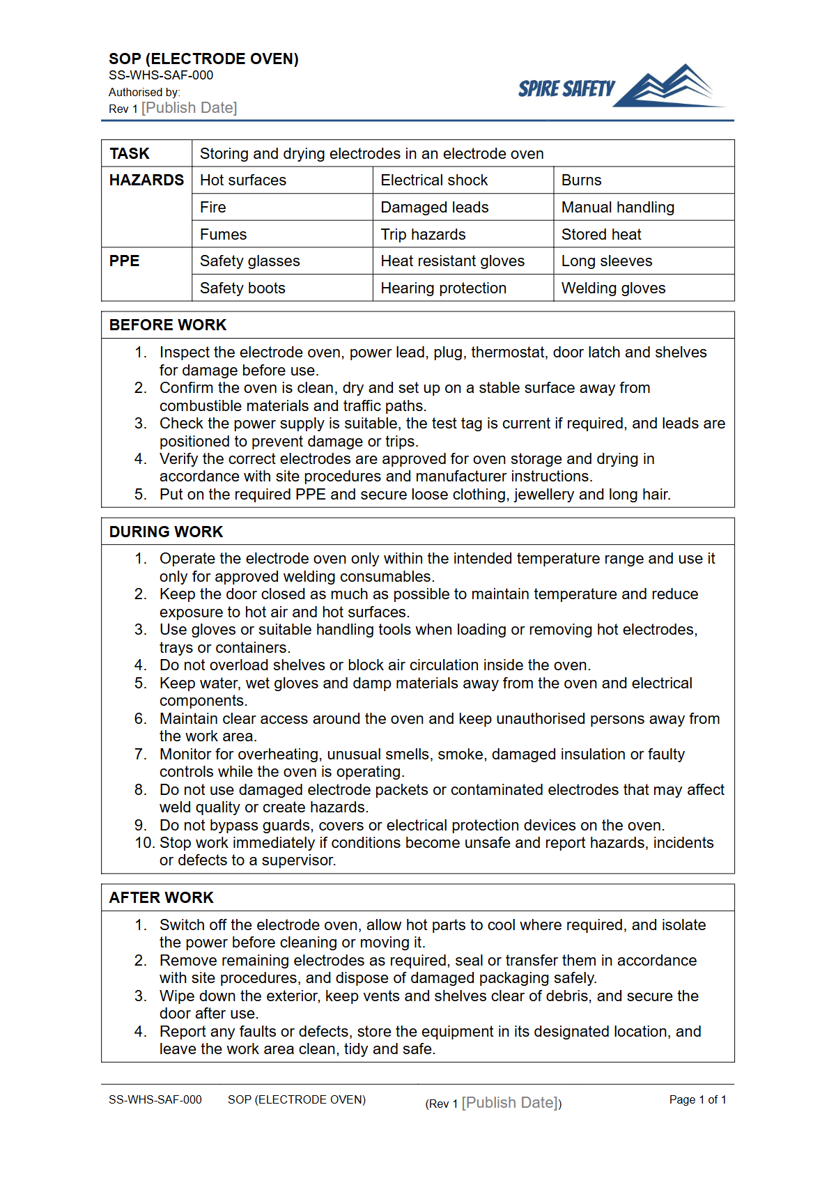 Free Safe Operating Procedure (Electrode Oven) Template — document preview