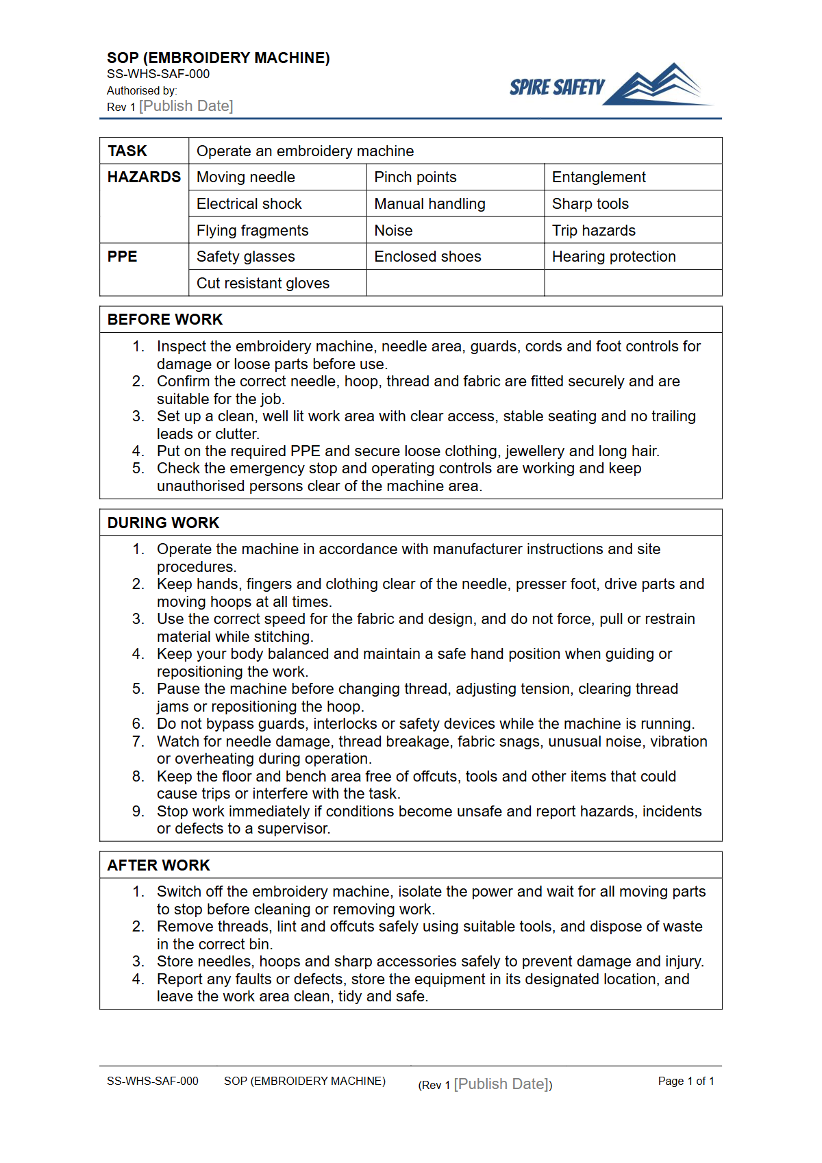 Free Safe Operating Procedure (Embroidery Machine) Template — document preview