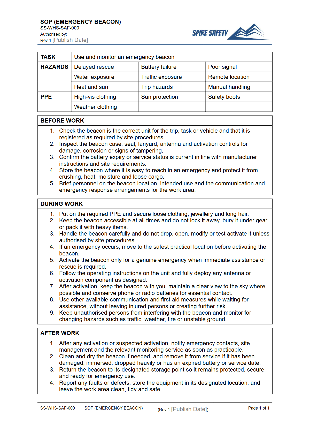 Free Safe Operating Procedure (Emergency Beacon) Template — document preview