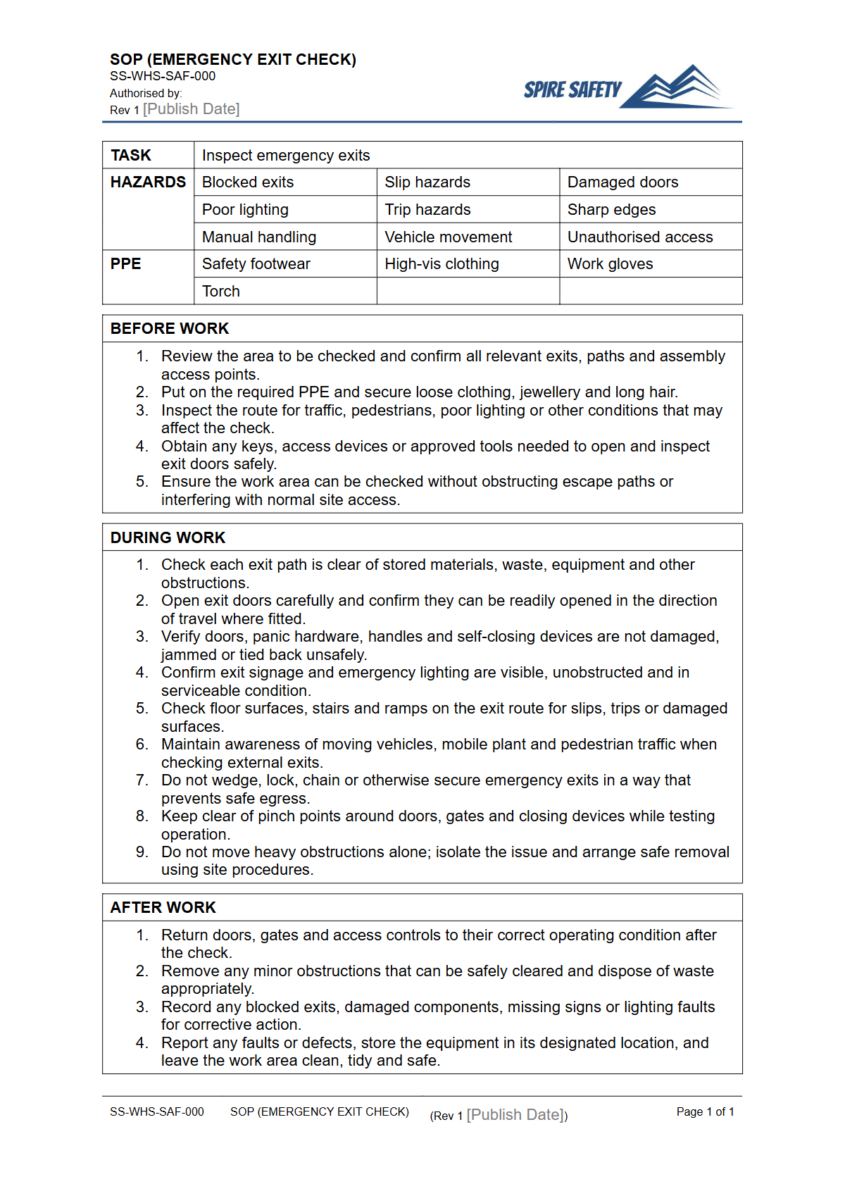 Free Safe Operating Procedure (Emergency Exit Check) Template — document preview
