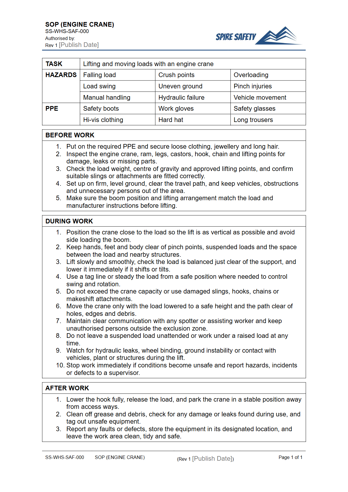 Free Safe Operating Procedure (Engine Crane) Template — document preview