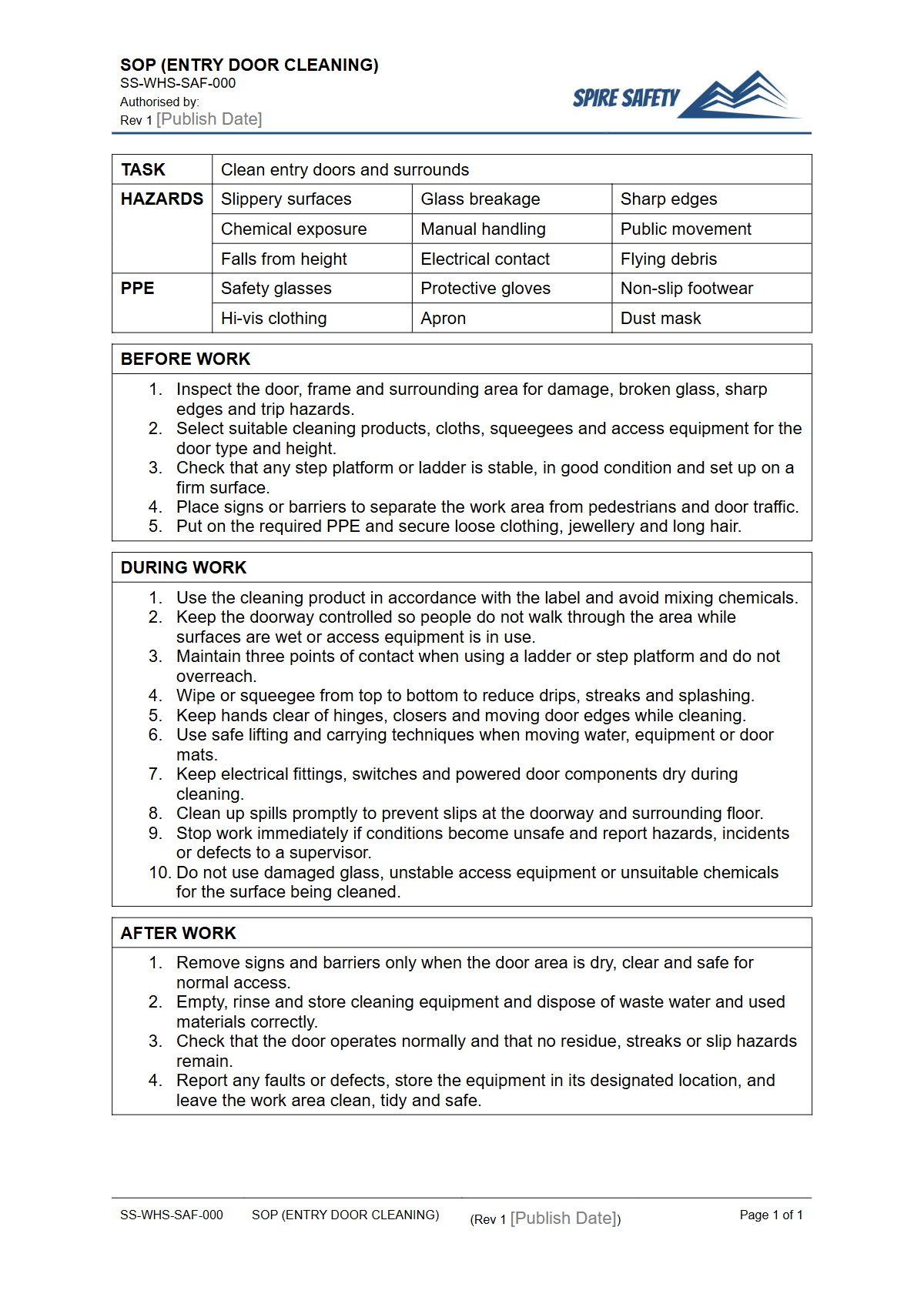 Free Safe Operating Procedure (Entry Door Cleaning) Template — document preview