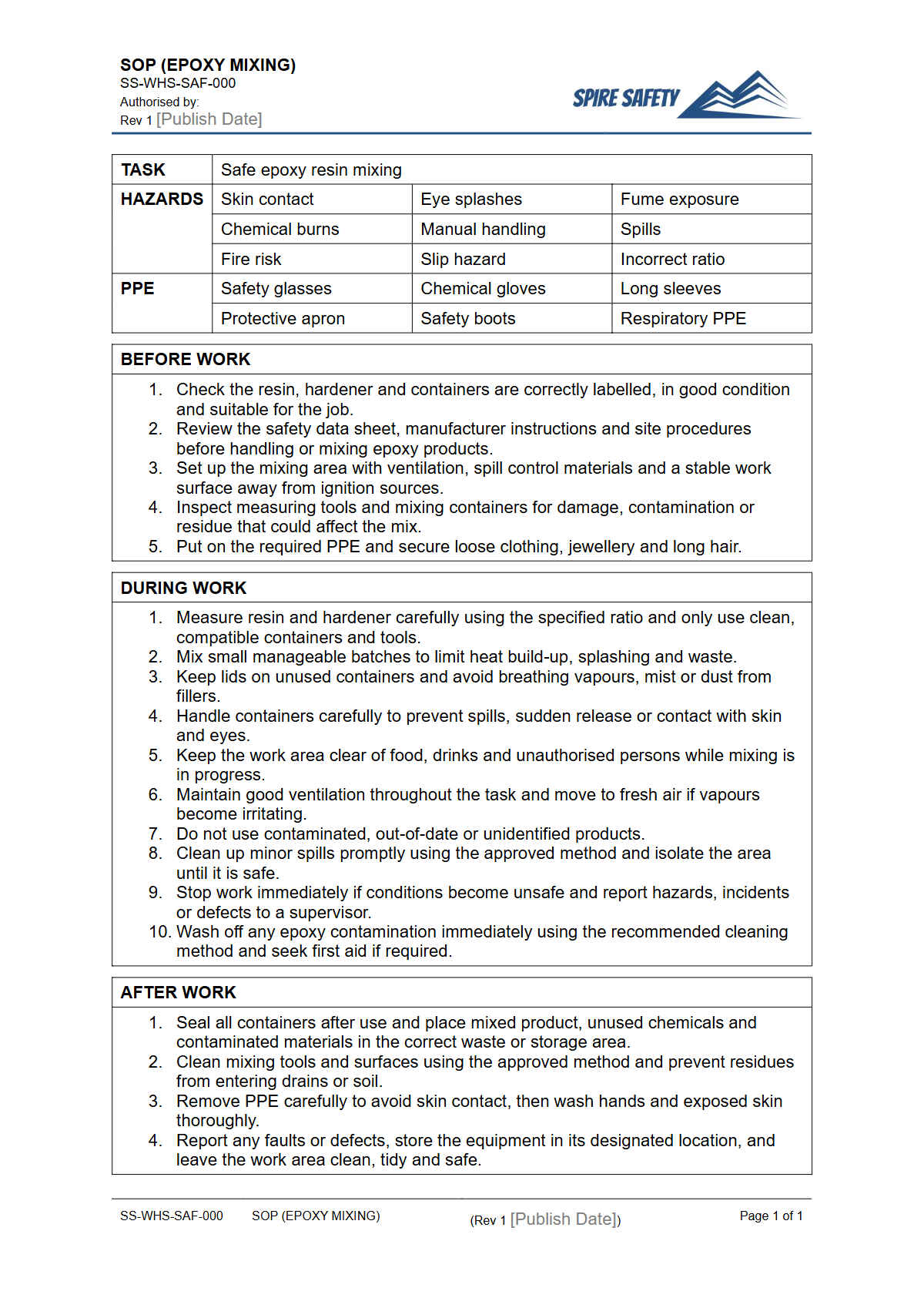 Free Safe Operating Procedure (Epoxy Mixing) Template — document preview