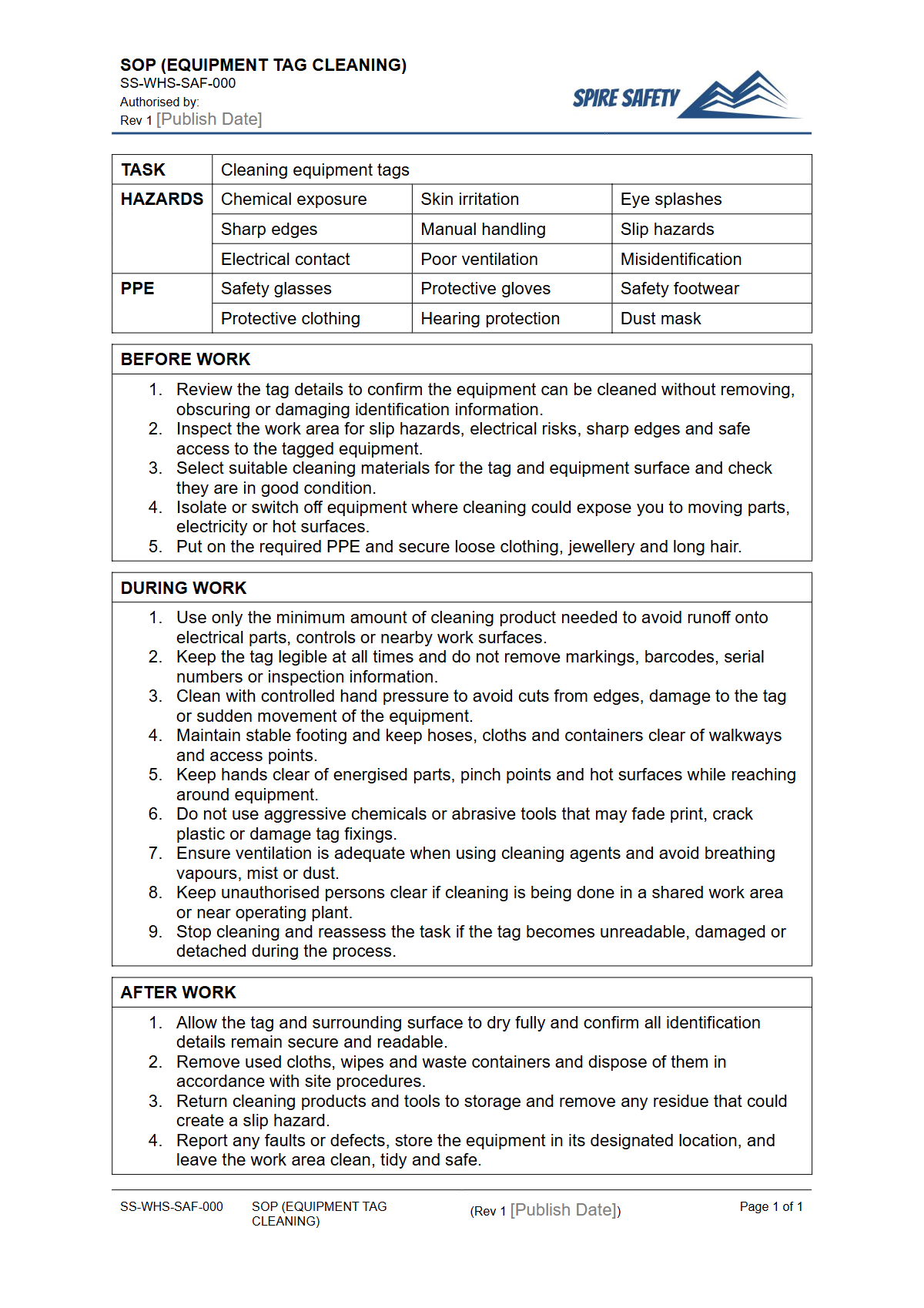Free Safe Operating Procedure (Equipment Tag Cleaning) Template — document preview